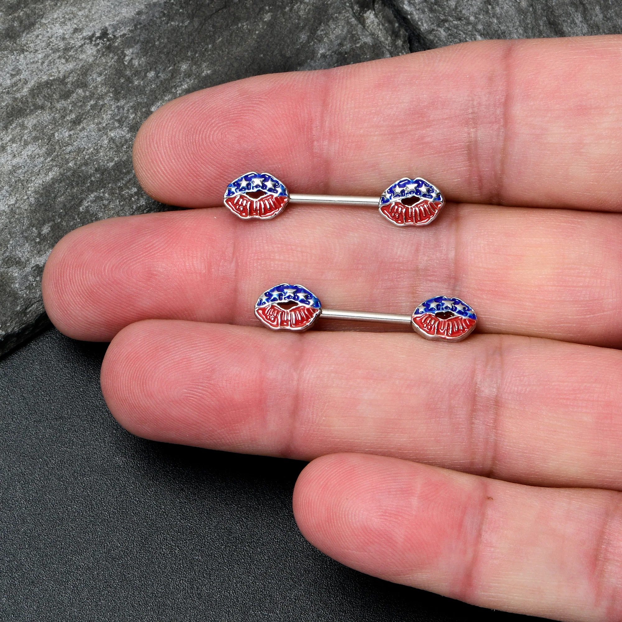 14G 9/16 Patriotic Kissy Lips Barbell Nipple Ring Set - Image 3