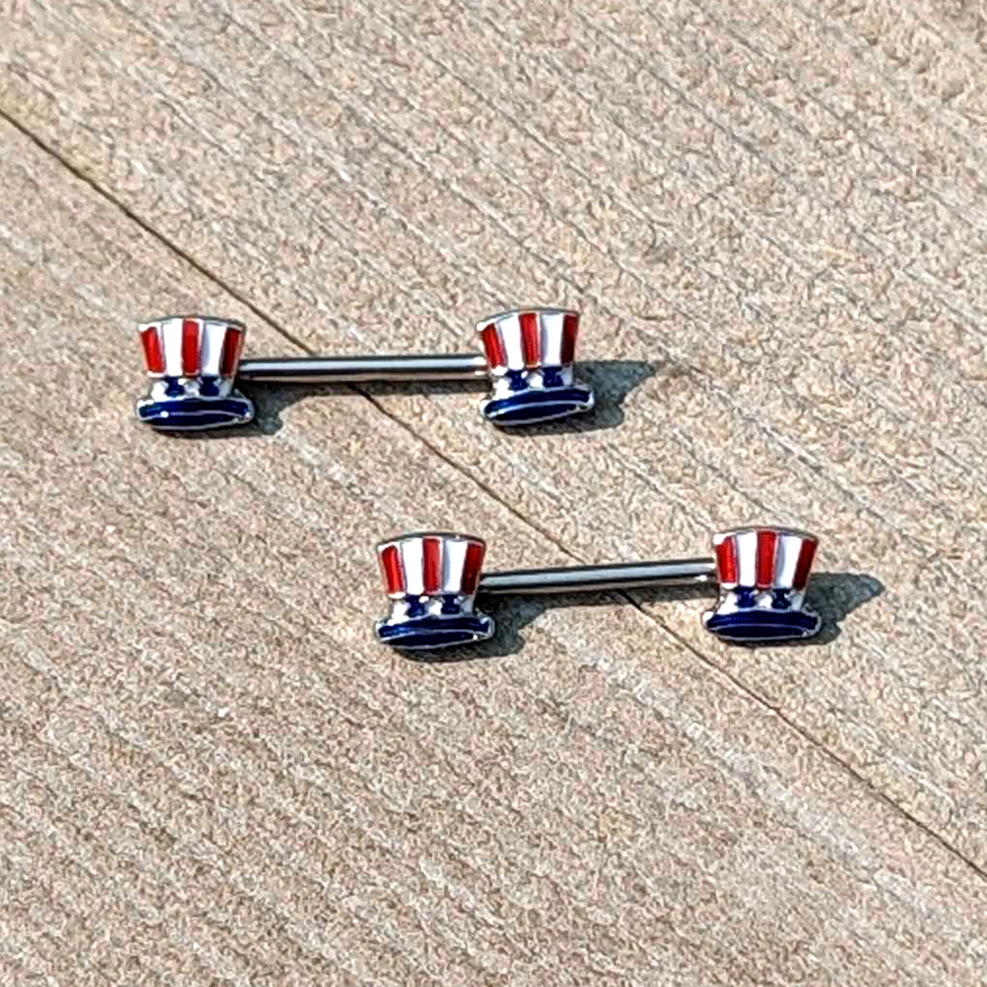 14G 9/16 Patriotic Top Hat Barbell Nipple Ring Set - Image 6