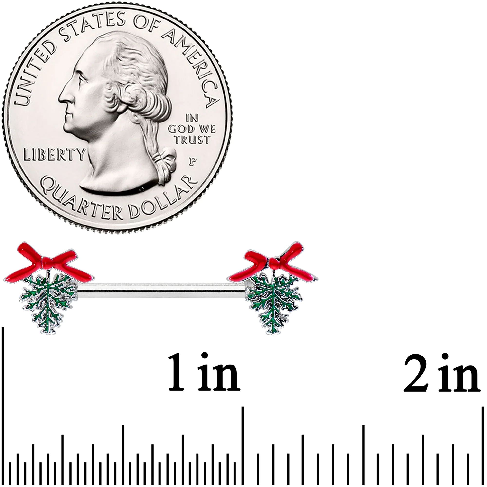 14G 9/16 Pine Bough Red Bow Christmas Barbell Nipple Ring Set - Image 2
