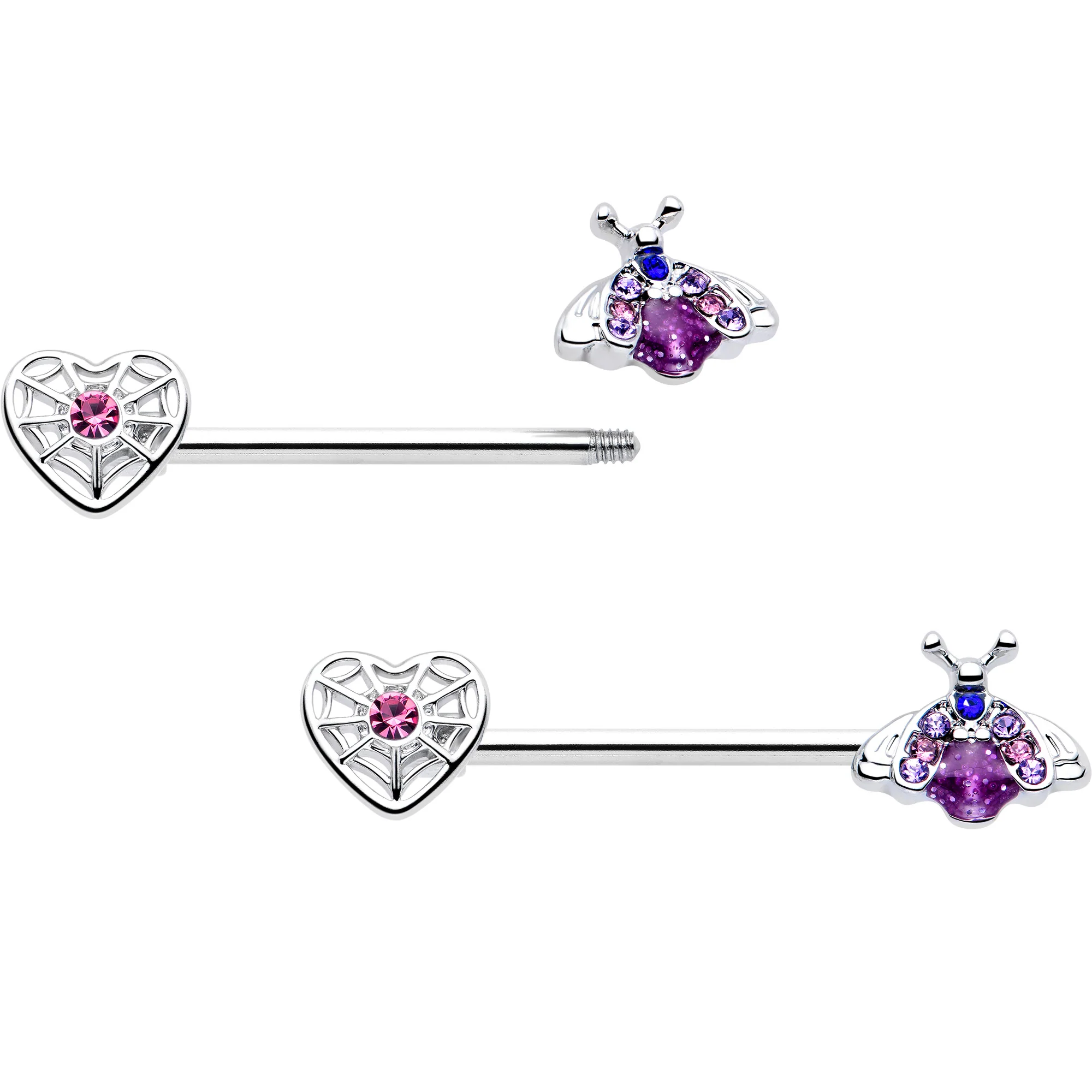 14G 9/16 Pink Blue Gem Spiderweb Heart Insect Barbell Nipple Ring Set - Image 2