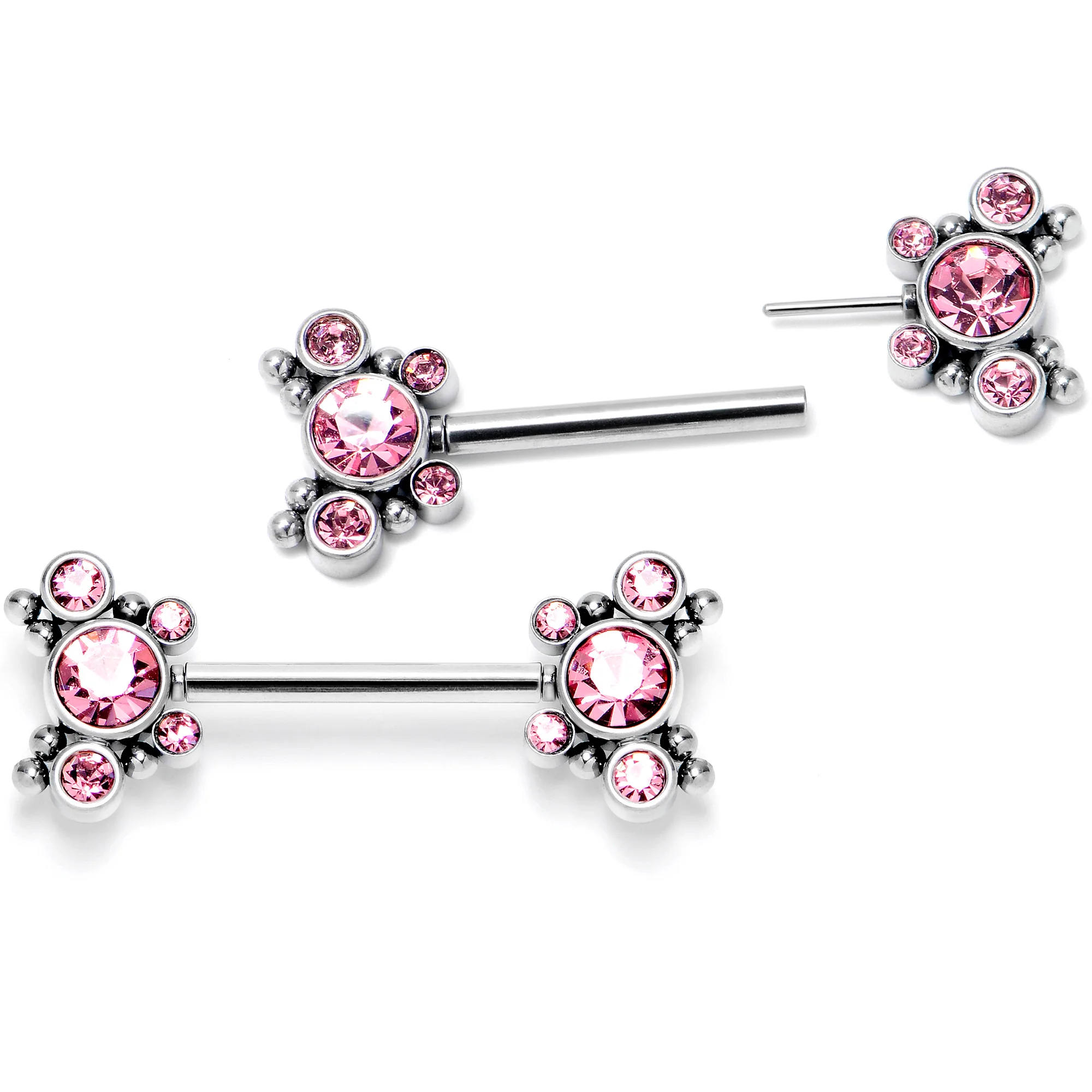 14G 9/16 Pink CZ Gem Circles Threadless Barbell Nipple Ring Set - Image 2
