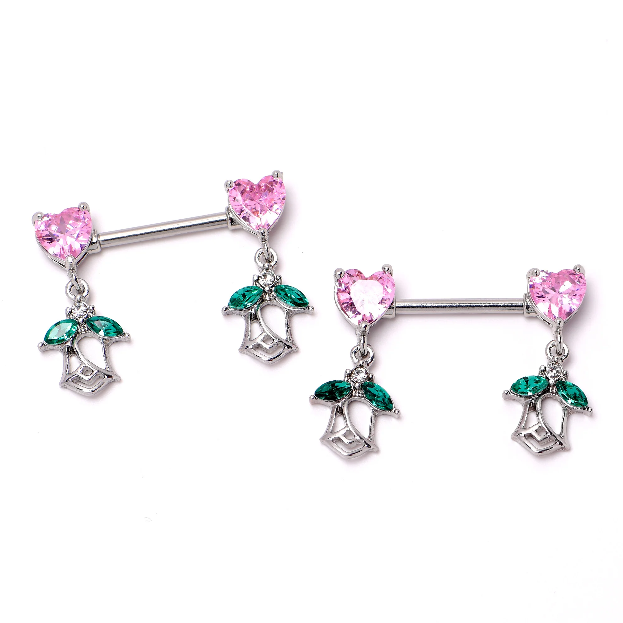 14G 9/16 Pink CZ Gem Hearts And Roses Dangle Nipple Ring Set - Image 6