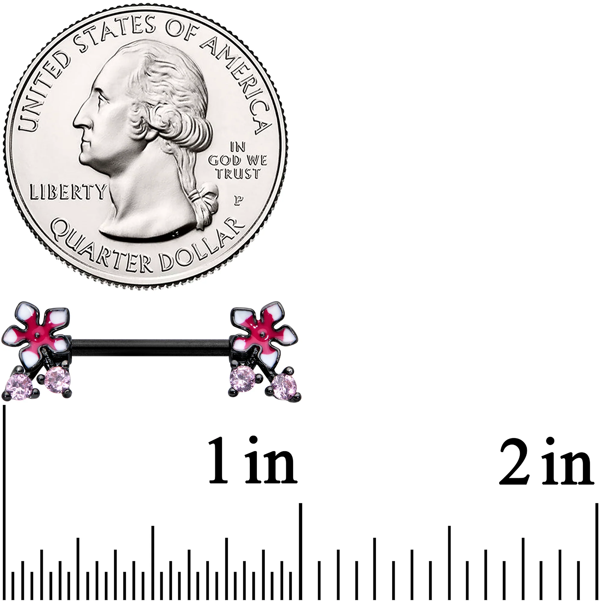 14G 9/16 Pink Gem Black Fanciful Flower Barbell Nipple Ring Set - Image 3