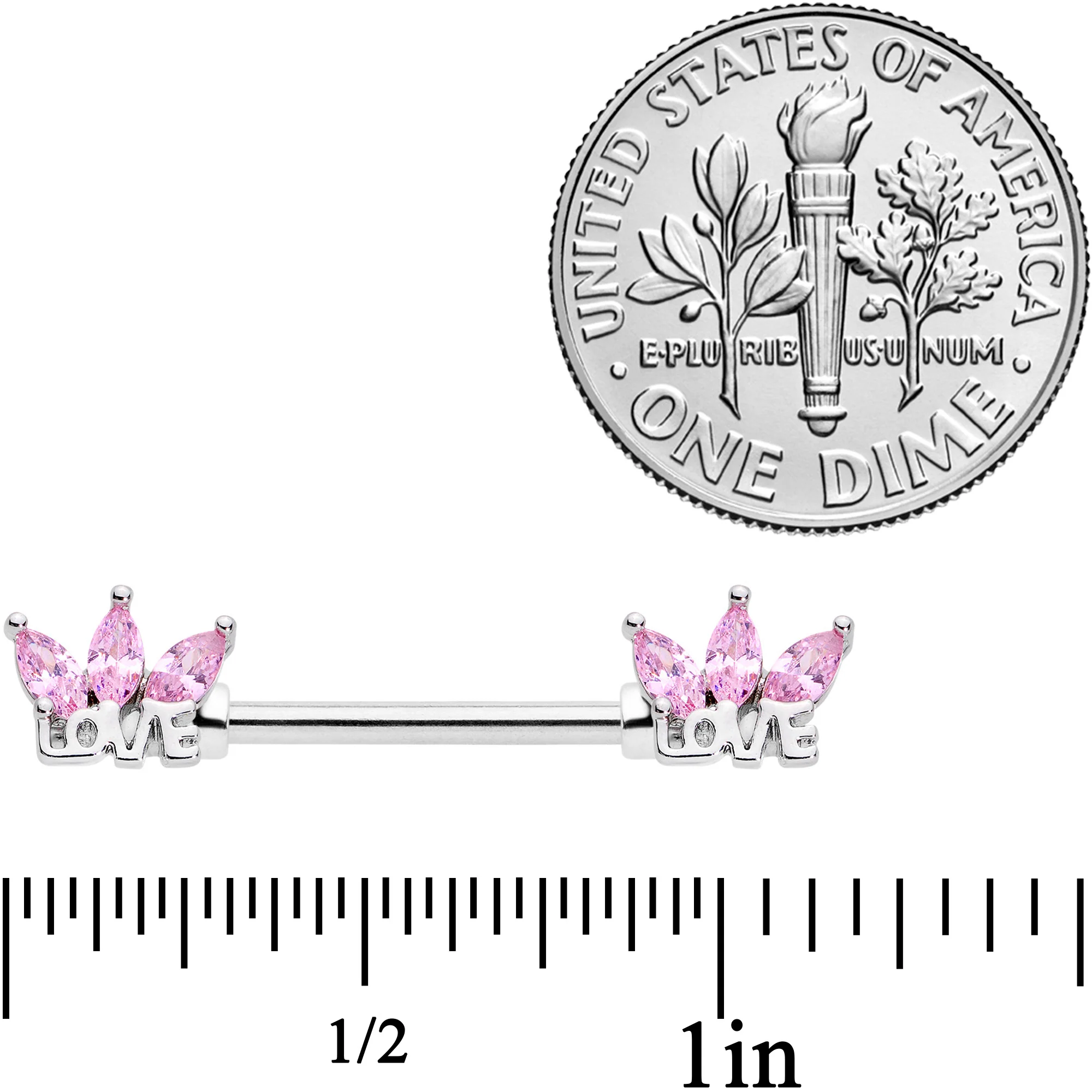 14G 9/16 Pink Gem Crown of Love Barbell Nipple Ring Set - Image 2