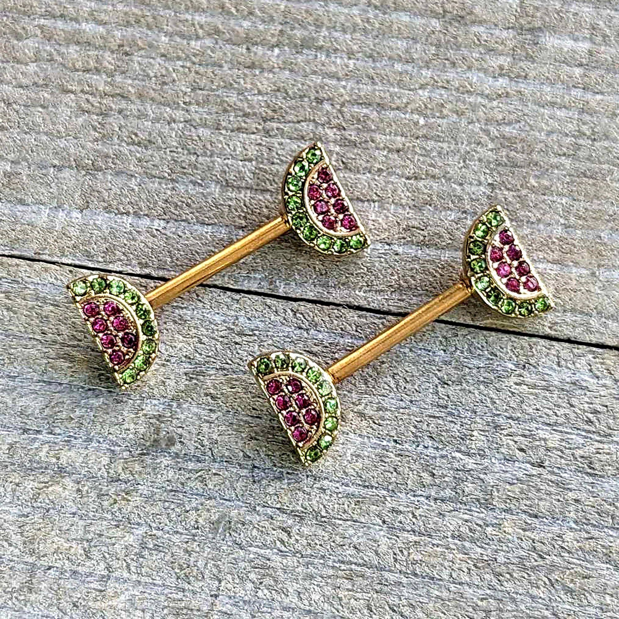 14G 9/16 Pink Gem Gold Hue Watermelon Yum Barbell Nipple Ring Set - Image 4