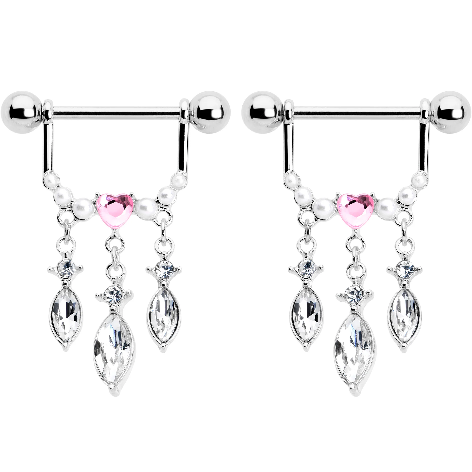 14G 9/16 Pink Gem Heart Triple Drop Dangle Nipple Ring Set - Image 2