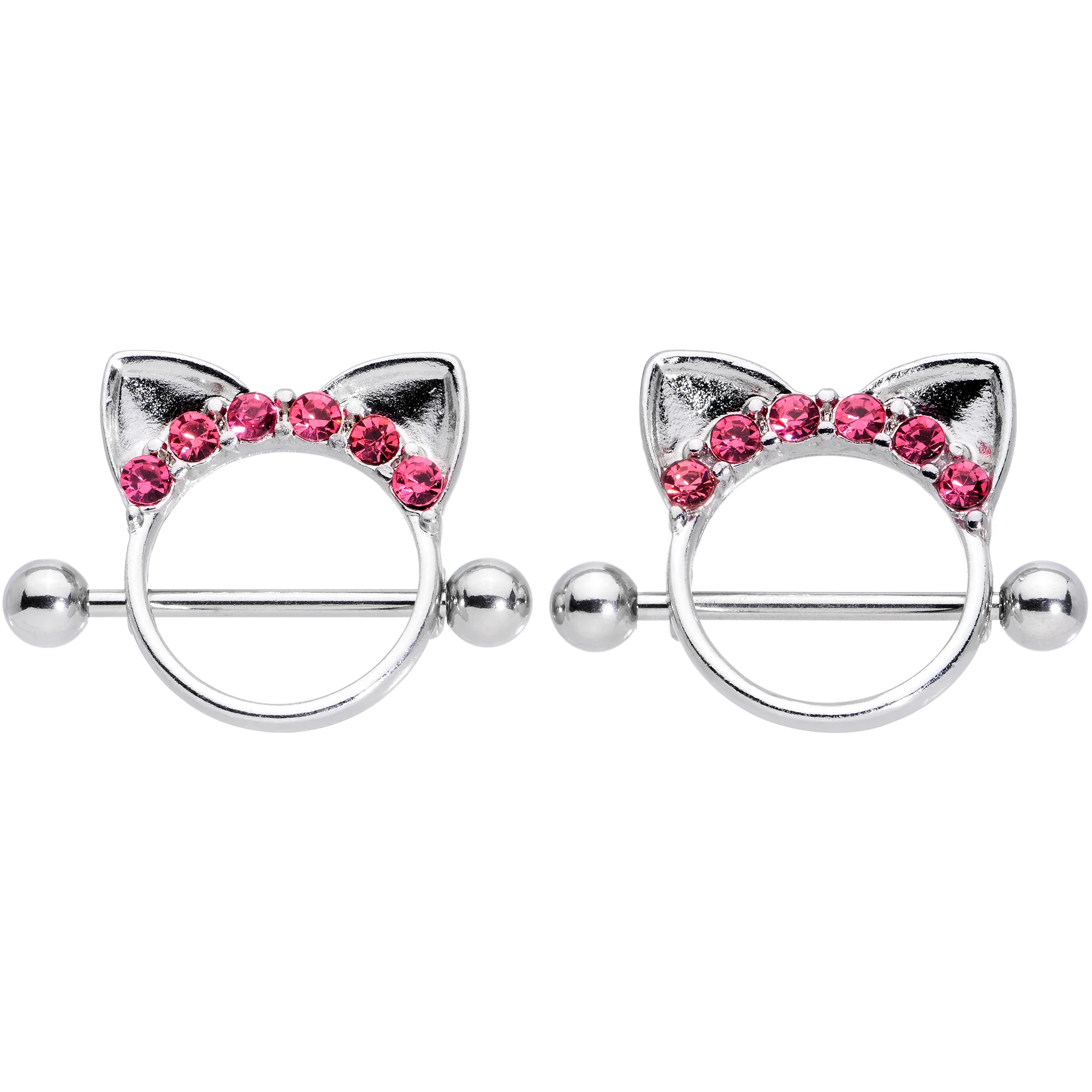 14G 9/16 Pink Gem Kitty Cat Ears Nipple Shield Set - Image 2