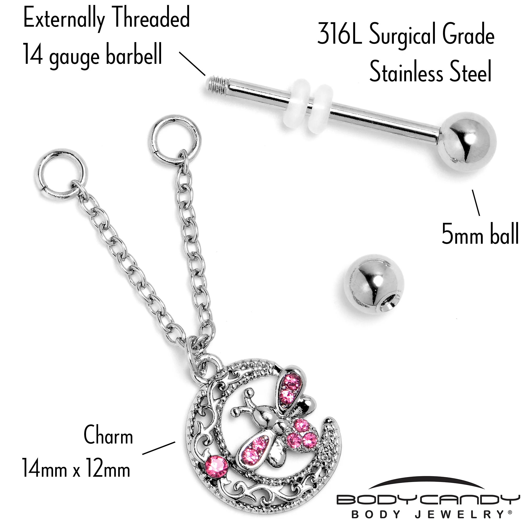 14G 9/16 Pink Gem Lunar Dragonfly Chain Dangle Nipple Ring Set - Image 5