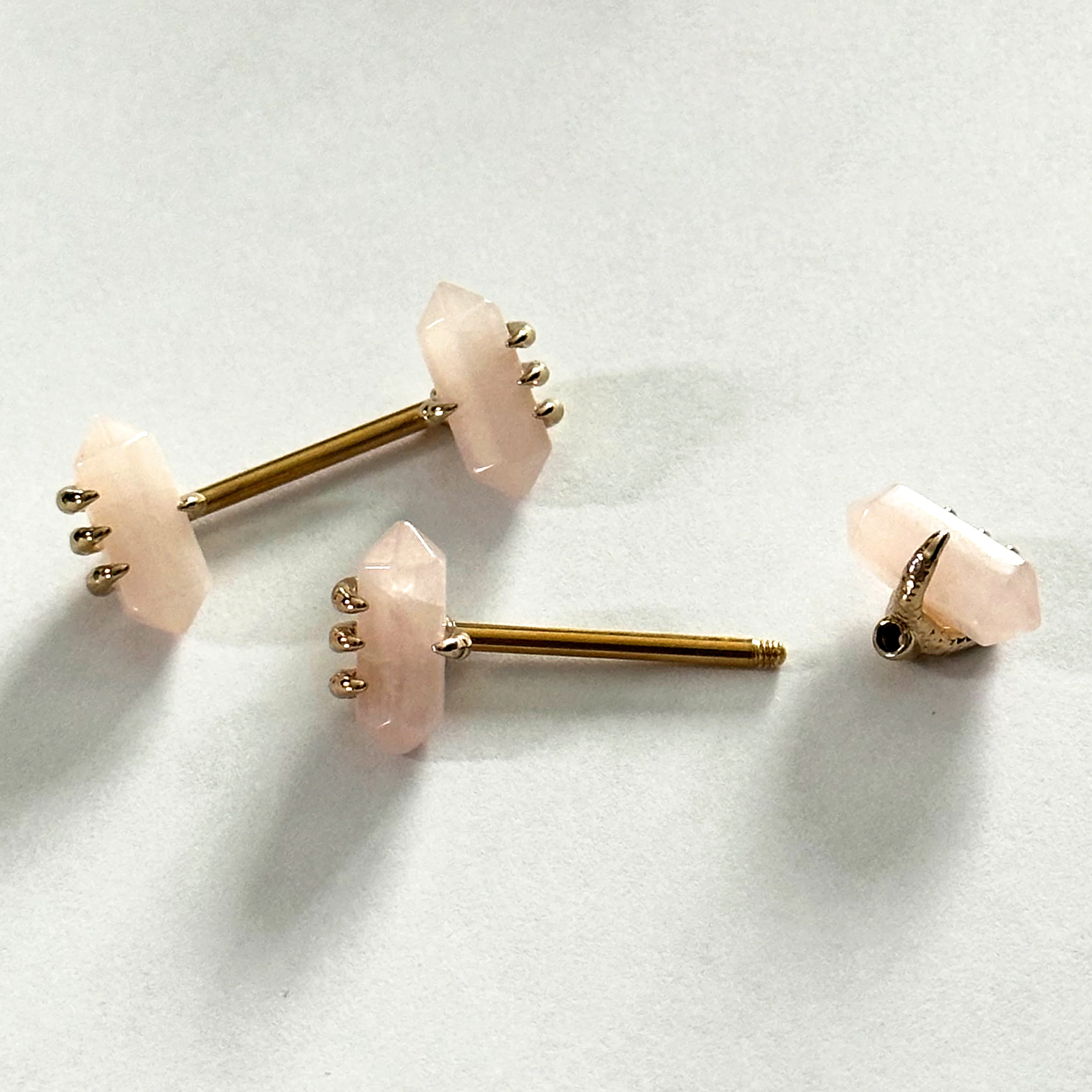 14G 9/16 Pink Rose Quartz Gold Tone Claw Barbell Nipple Ring Set - Image 11