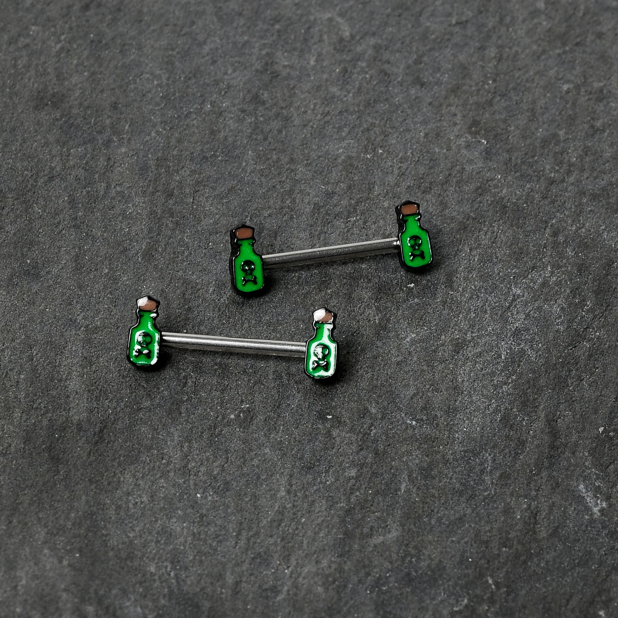 14G 9/16 Poison Green Bottle Glow in Dark Barbell Nipple Ring Set - Image 5