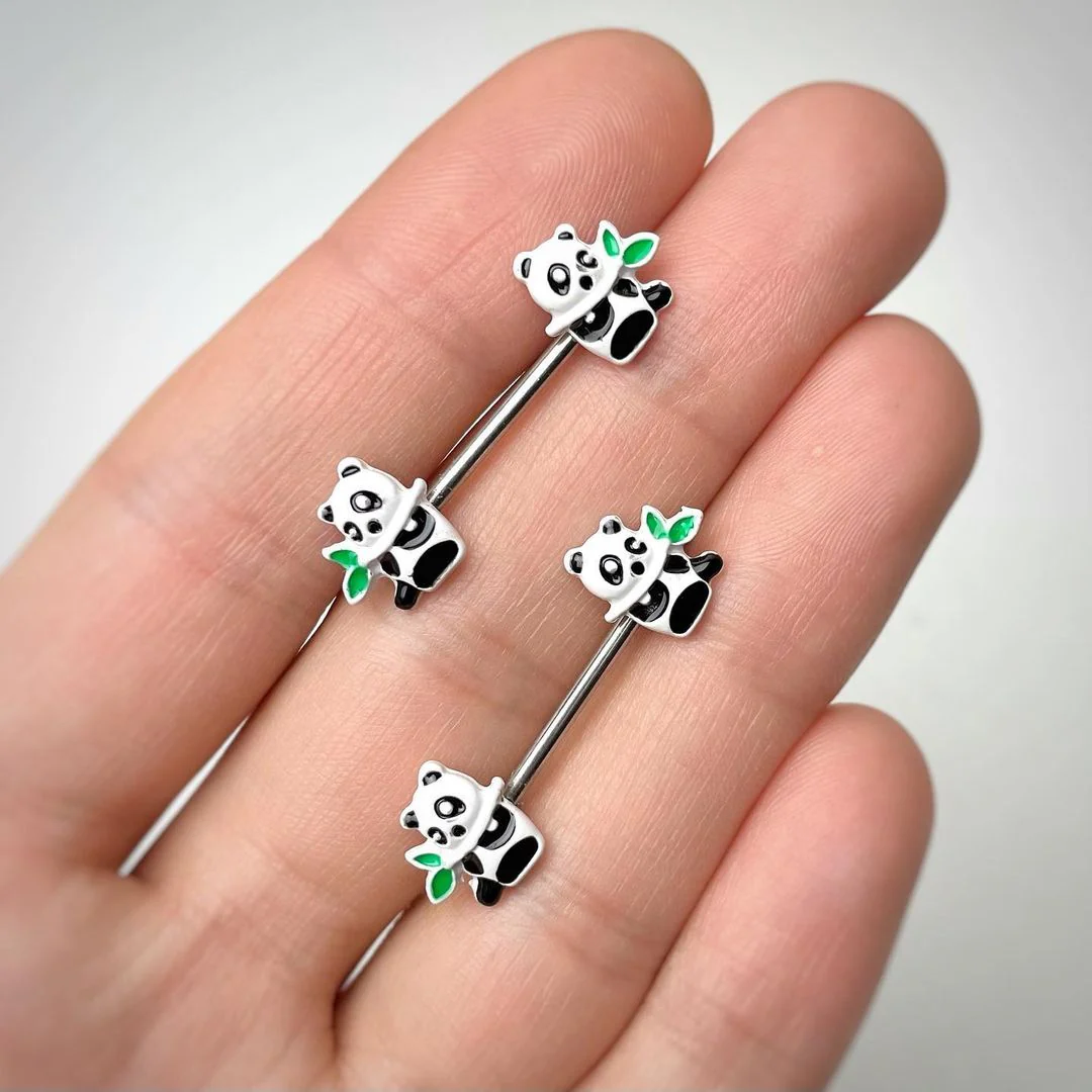 14G 9/16 Pretty Panda Bear Barbell Nipple Ring Set - Image 2