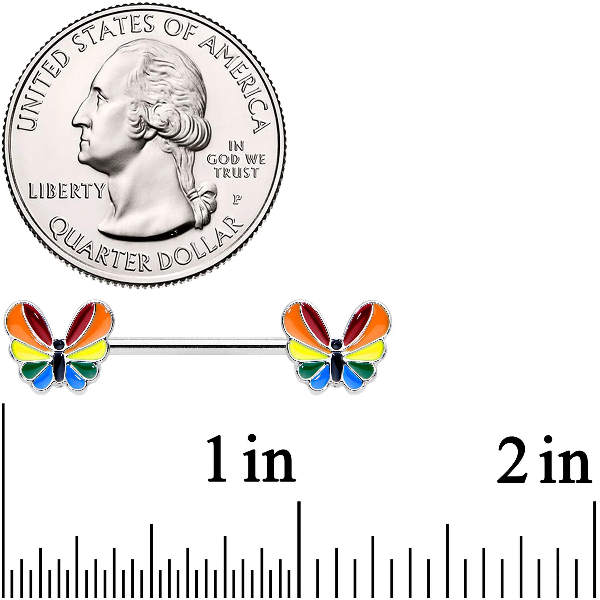 14G 9/16 Pride Rainbow Stripe Butterfly Barbell Nipple Ring Set - Image 2
