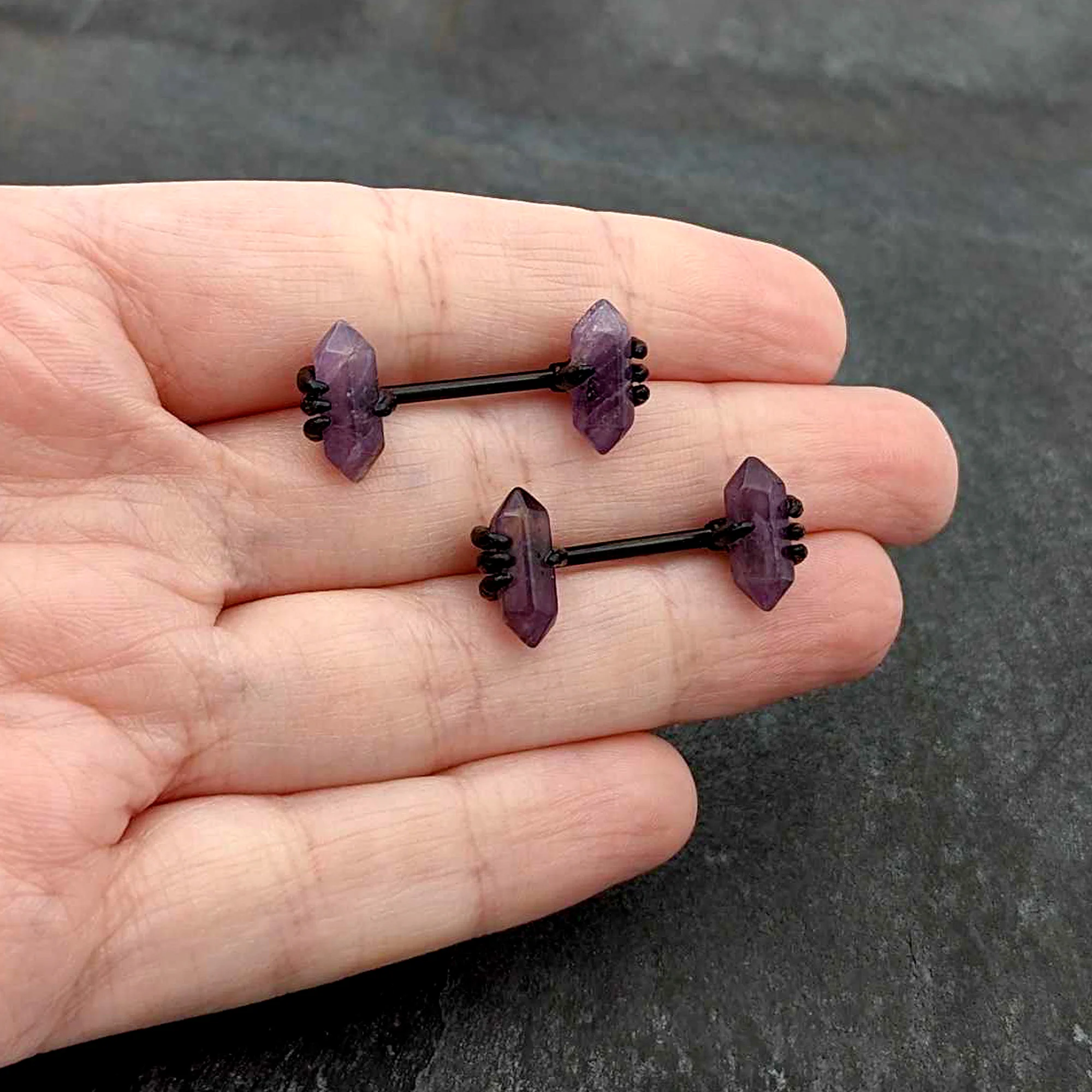 14G 9/16 Purple Amethyst Black Claw Obelisk Barbell Nipple Ring Set - Image 8