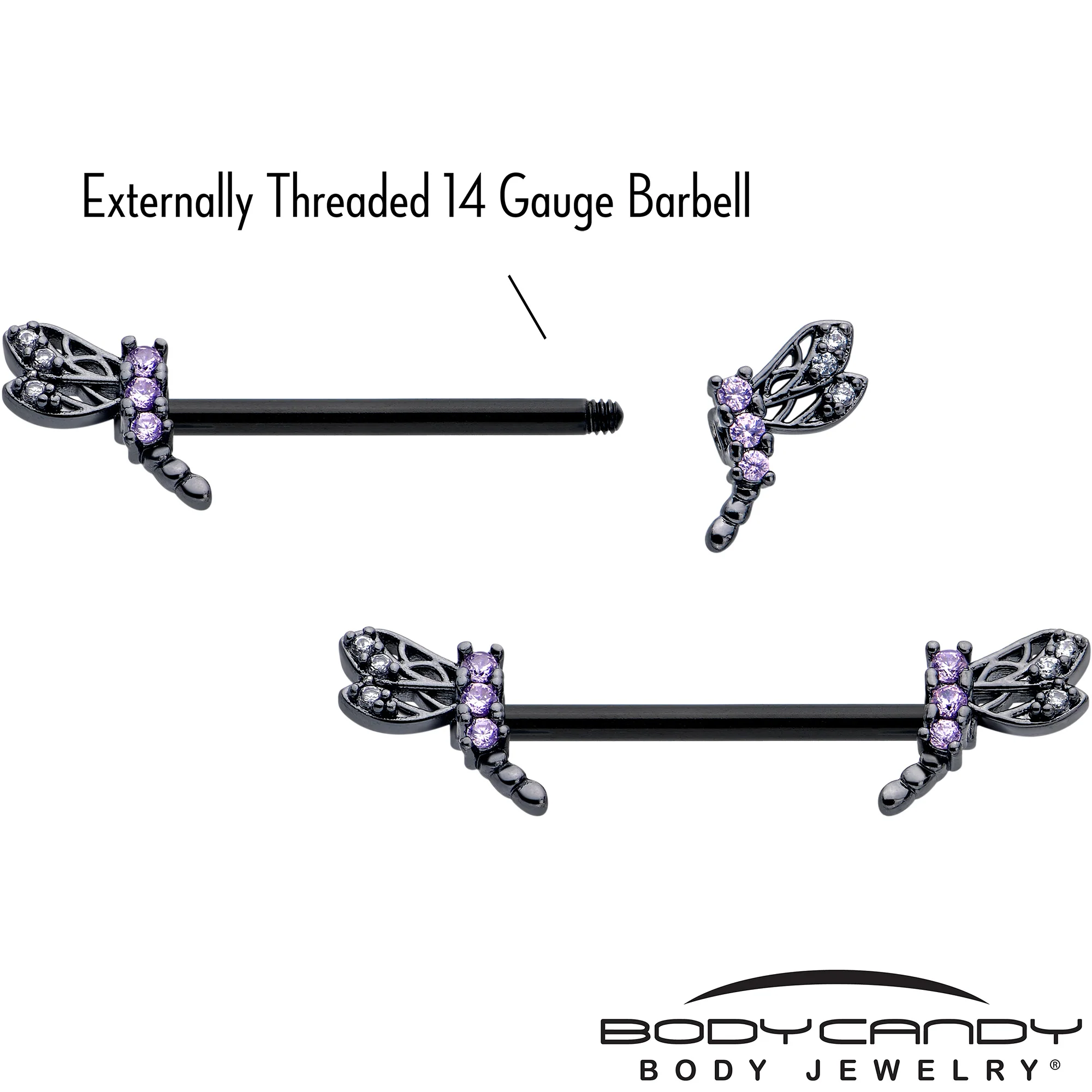 14G 9/16 Purple CZ Gem Black Night Dragonfly Barbell Nipple Ring Set - Image 4