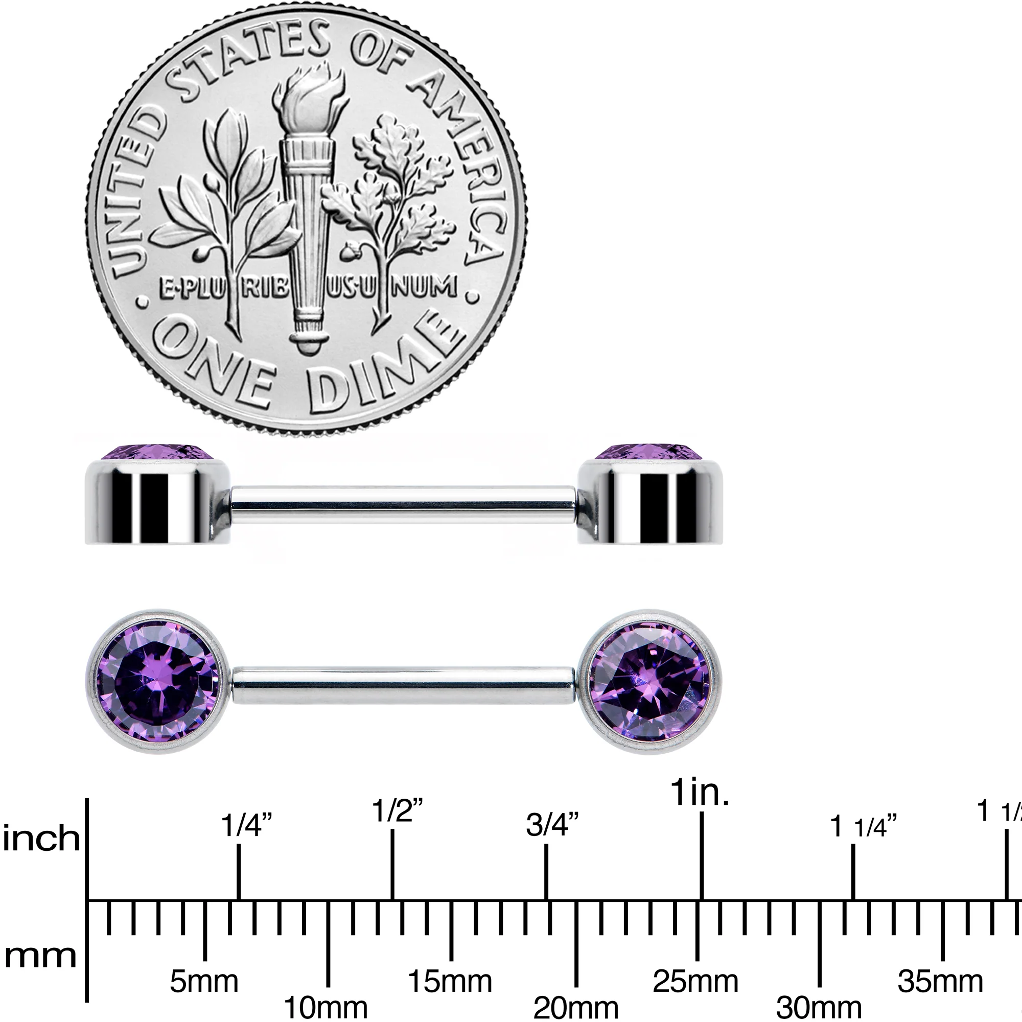 14G 9/16 Purple CZ Gem G23 Titanium Threadless Nipple Ring Set - Image 4