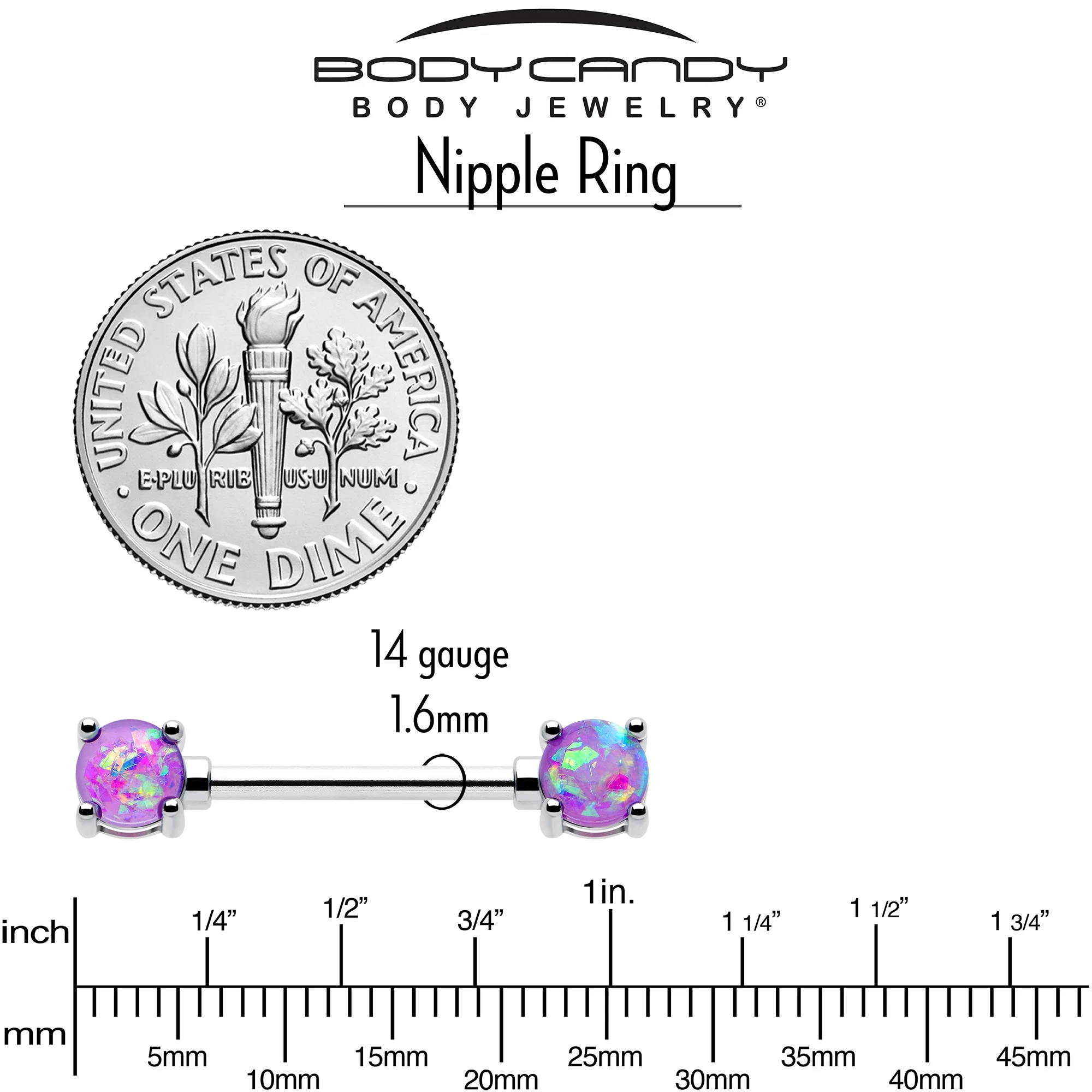 14 Gauge 9/16 Purple Faux Opal Externally Threaded Barbell Nipple Ring Set - Image 5