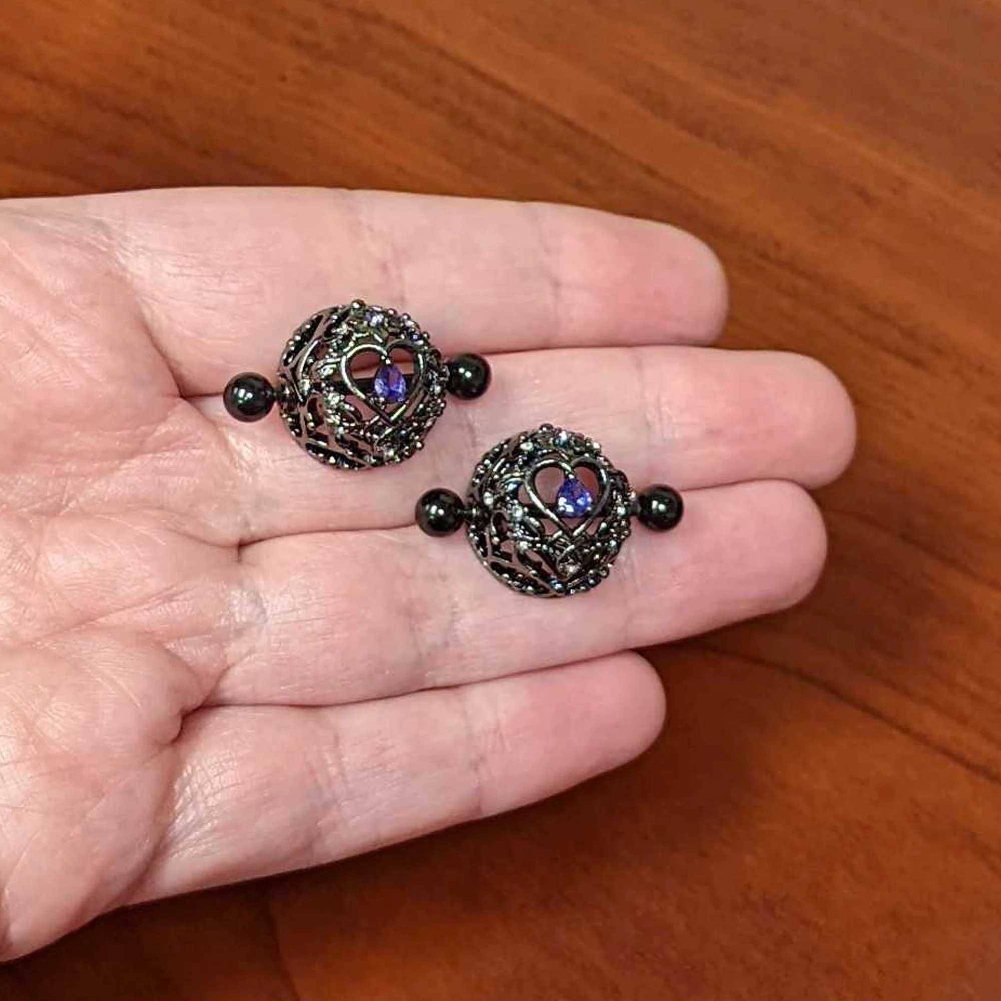 14G 9/16 Purple Gem Black Regal Crown Heart Nipple Shield Set - Image 4