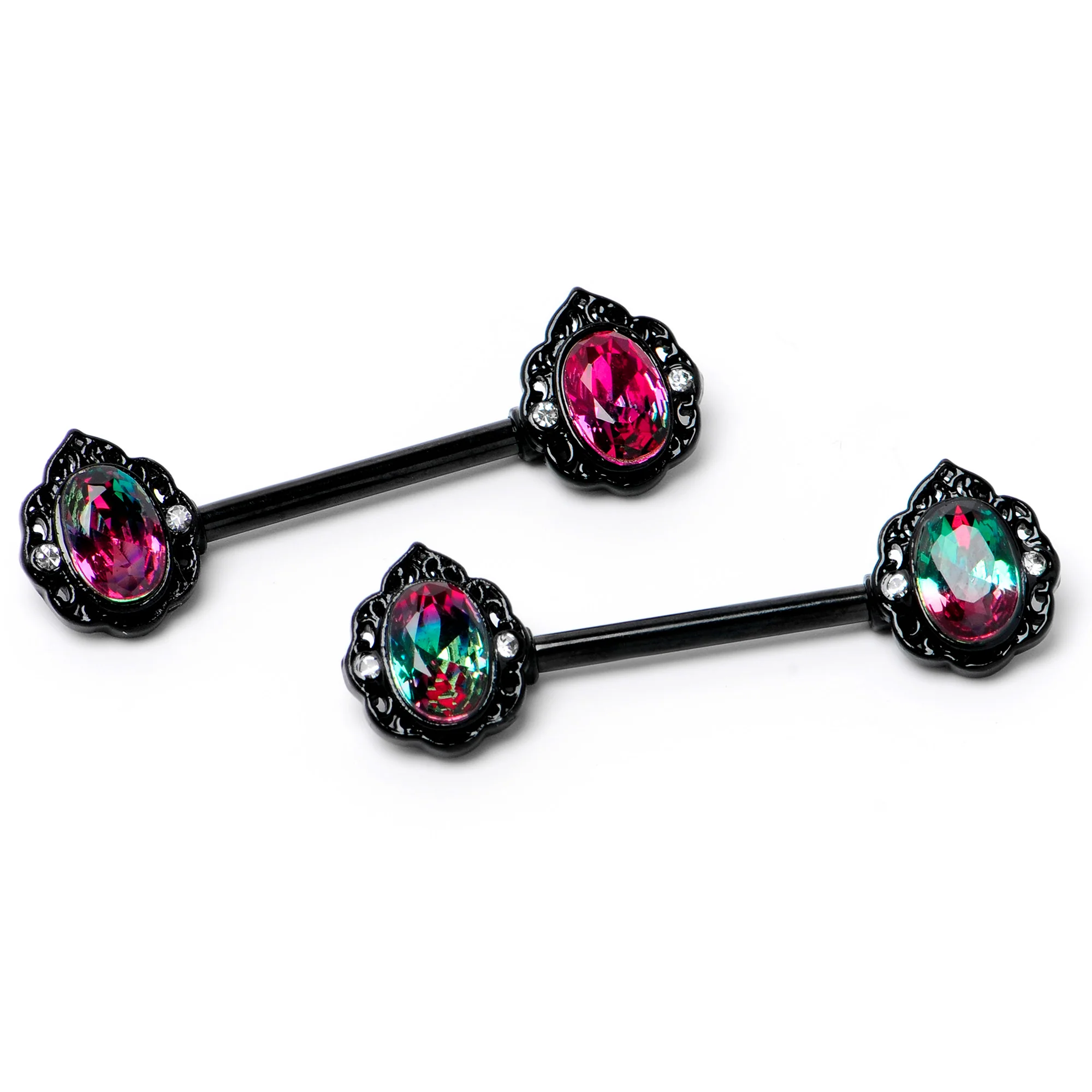 14G 9/16 Purple Tourmaline Black Lacy Drop Barbell Nipple Ring Set - Image 4