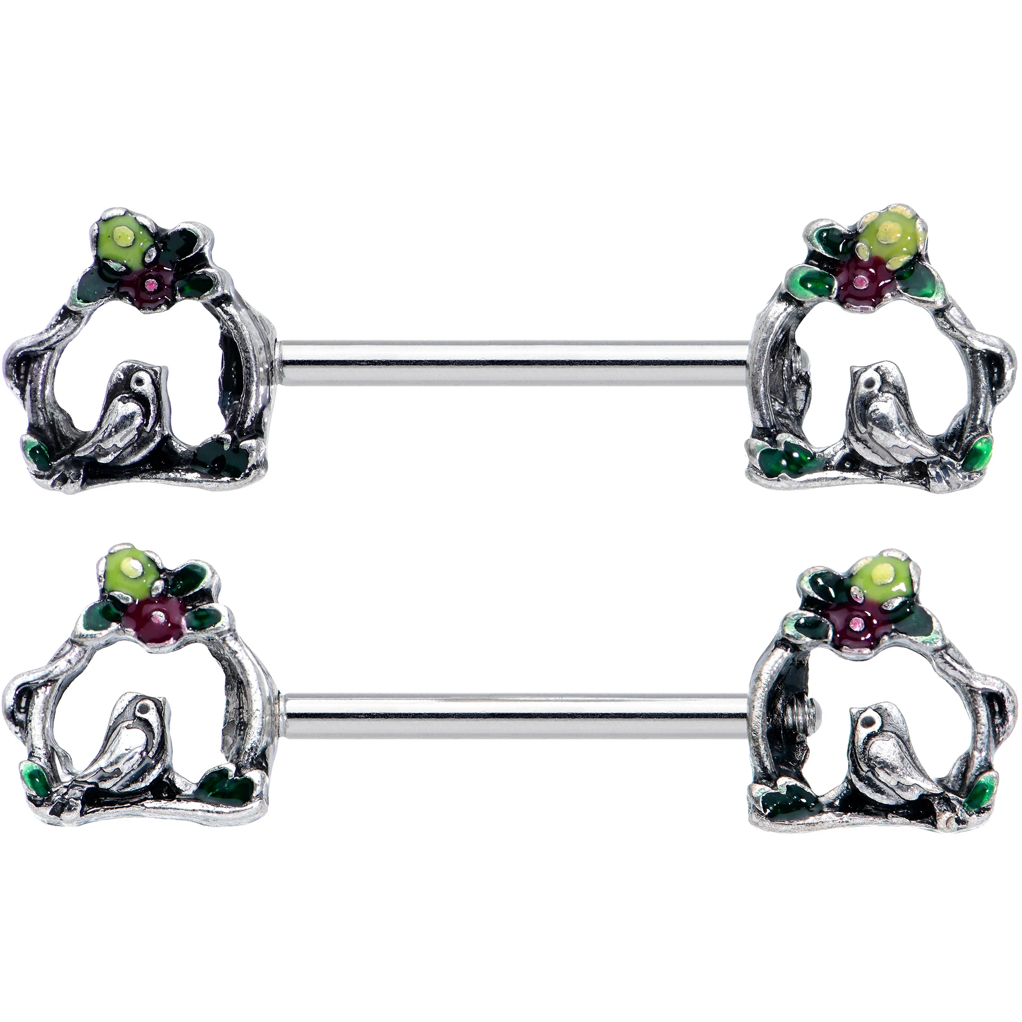 14G 9/16 Purple Yellow Flower Swing Bird Barbell Nipple Ring Set - Image 2