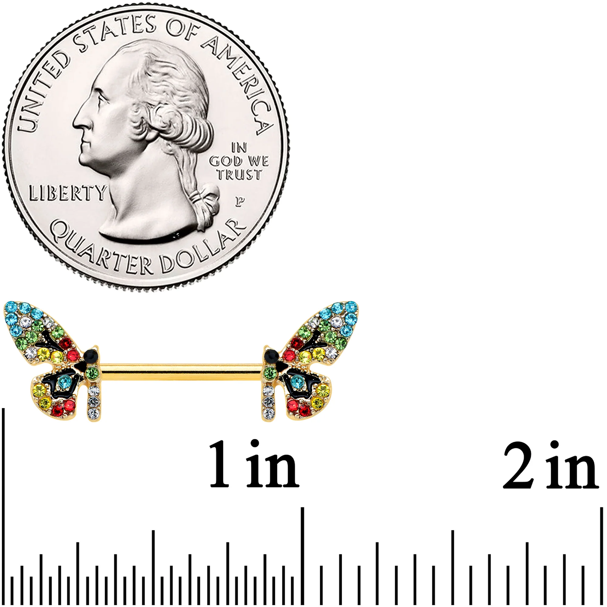 14G 9/16 Red Blue Gem Gold Tone Multi Butterfly Nipple Ring Set - Image 2