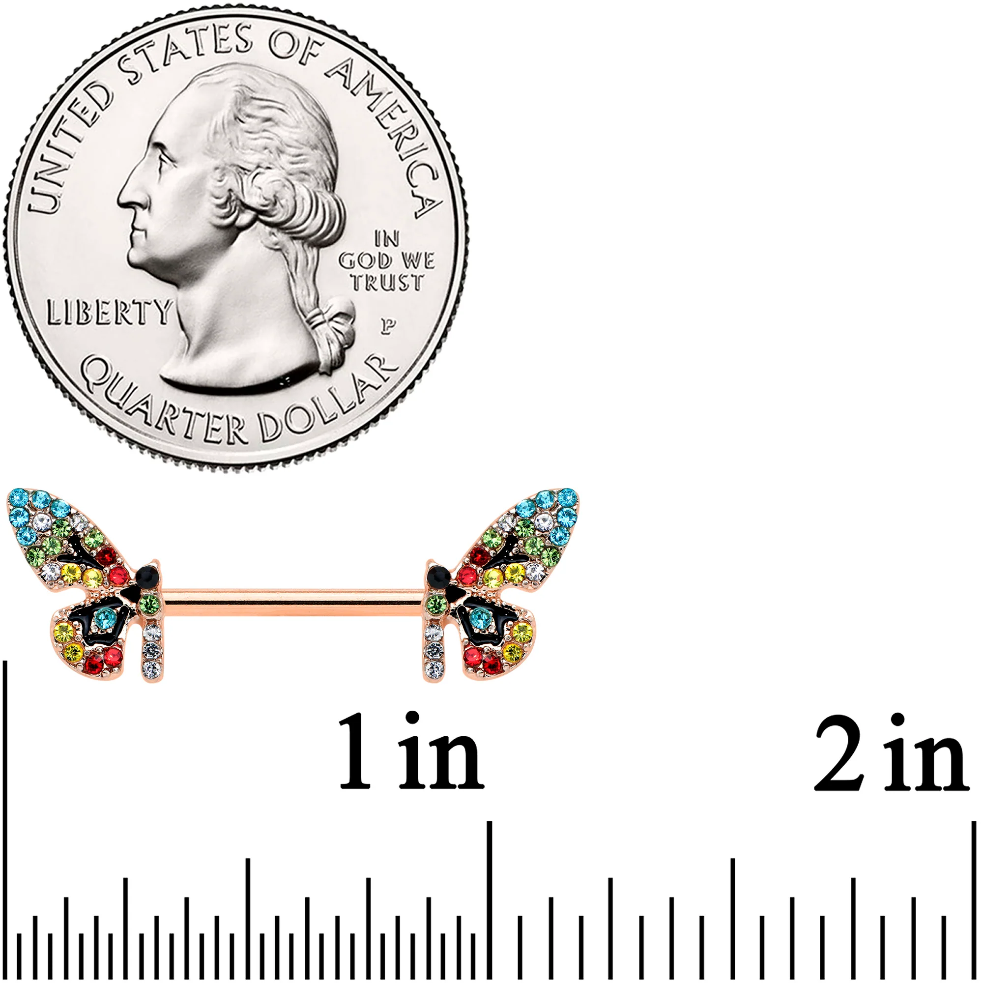 14G 9/16 Red Blue Gem Rose Gold Tone Butterfly Nipple Ring Set - Image 2