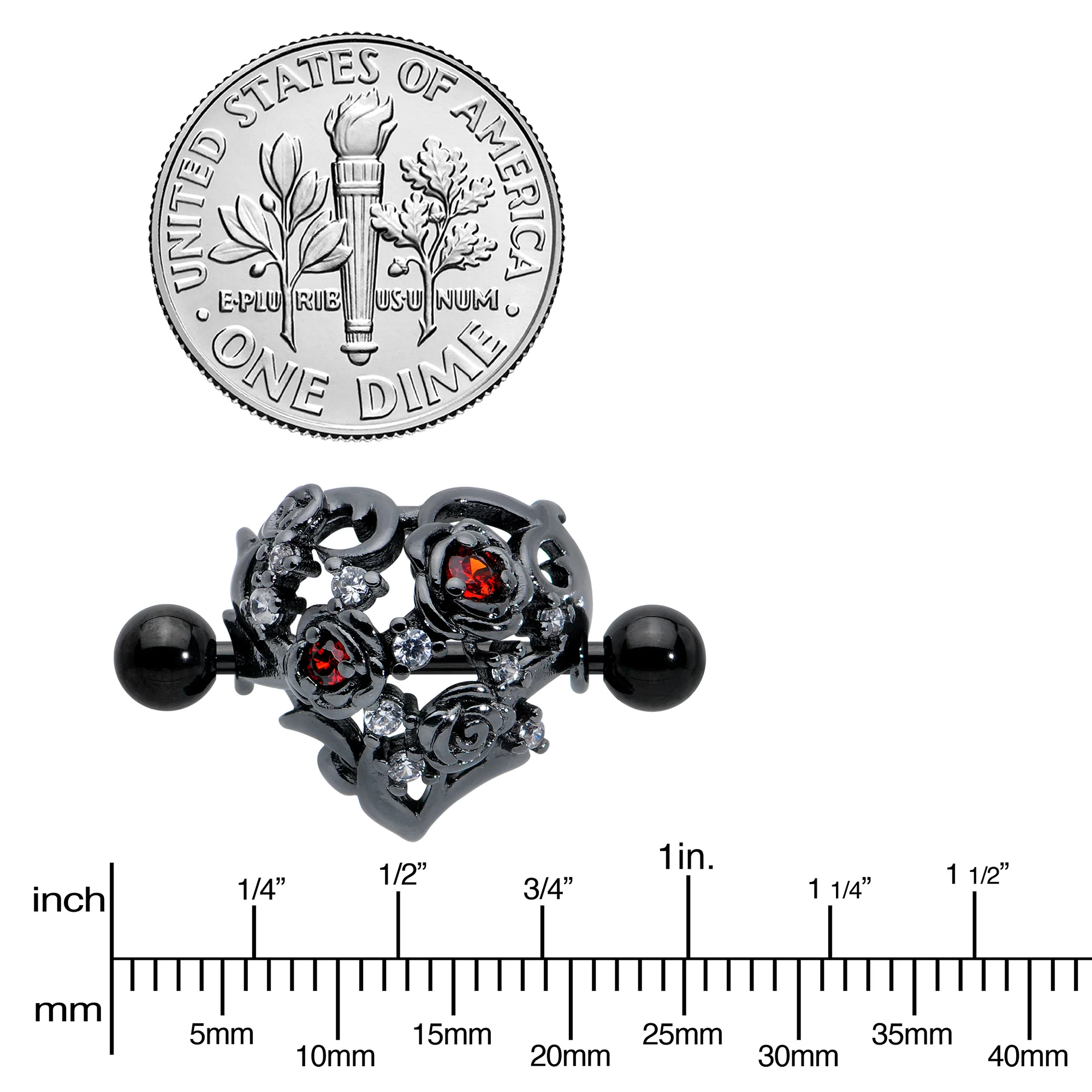14G 9/16 Red Clear CZ Gem Black Floral Heart Nipple Shield Set - Image 3