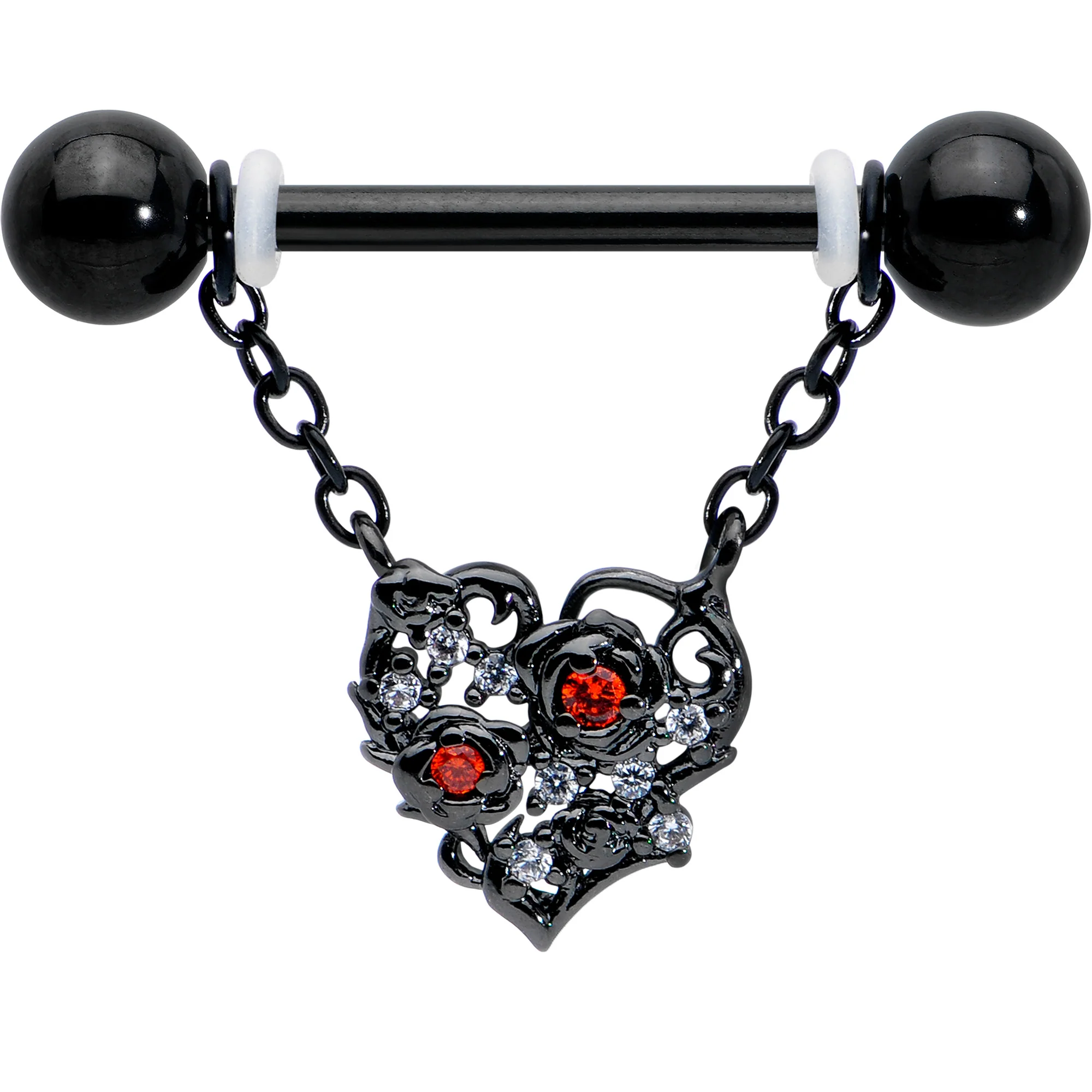 14G 9/16 Red CZ Gem Black Floral Heart Chain Dangle Nipple Ring Set - Image 2