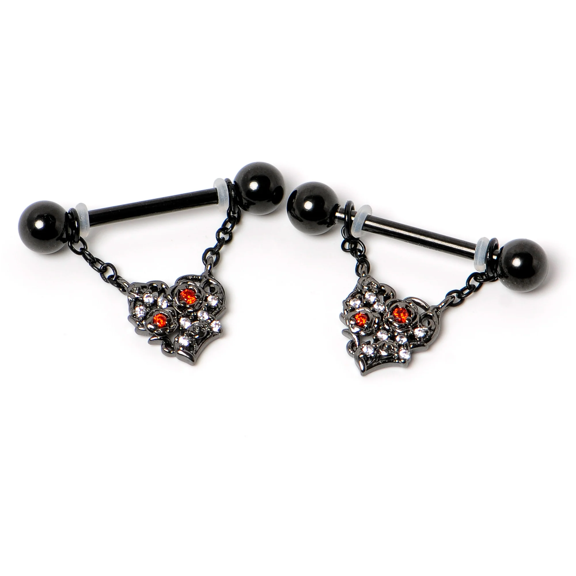 14G 9/16 Red CZ Gem Black Floral Heart Chain Dangle Nipple Ring Set - Image 4
