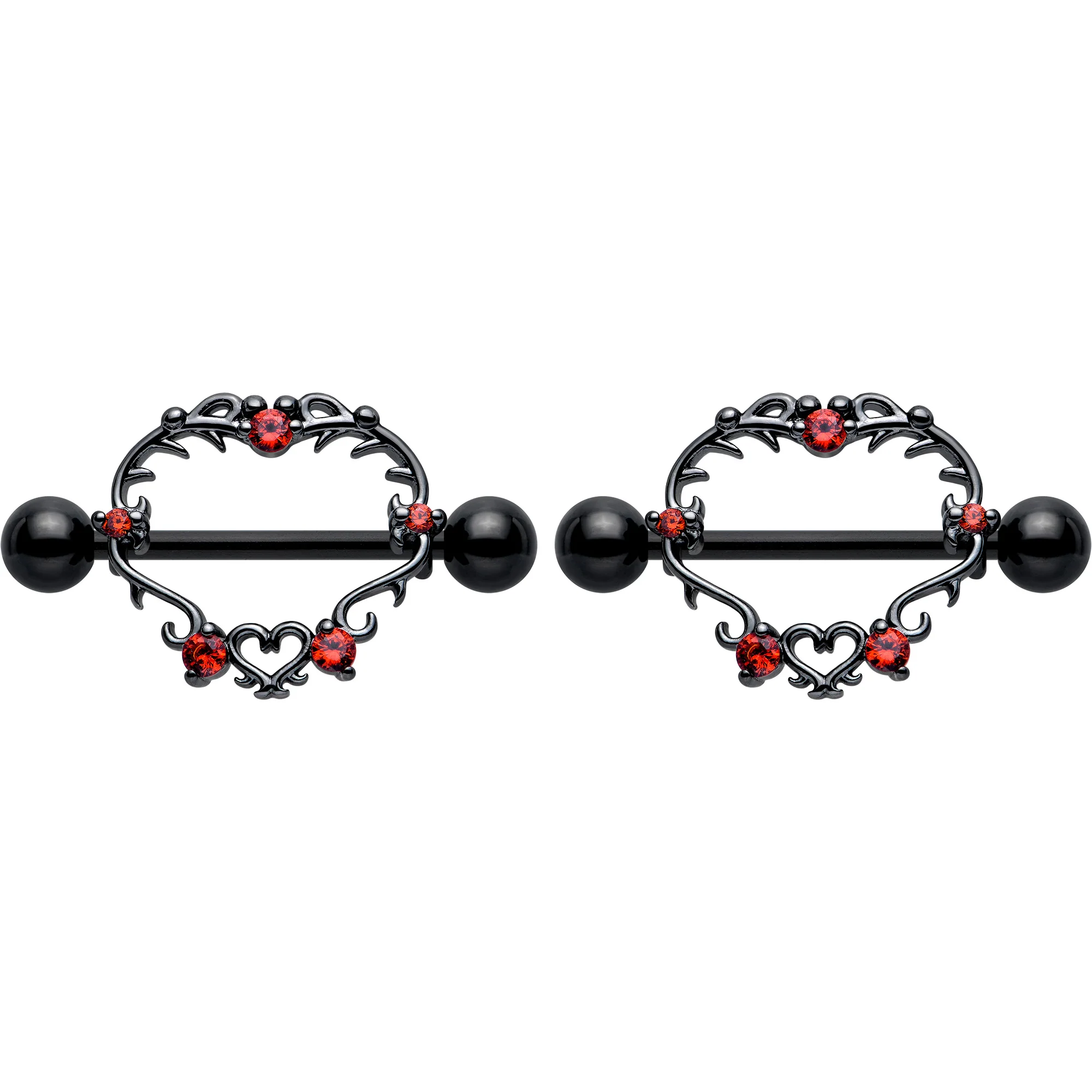 14G 9/16 Red CZ Gem Black Leafy Heart Nipple Shield Set - Image 3