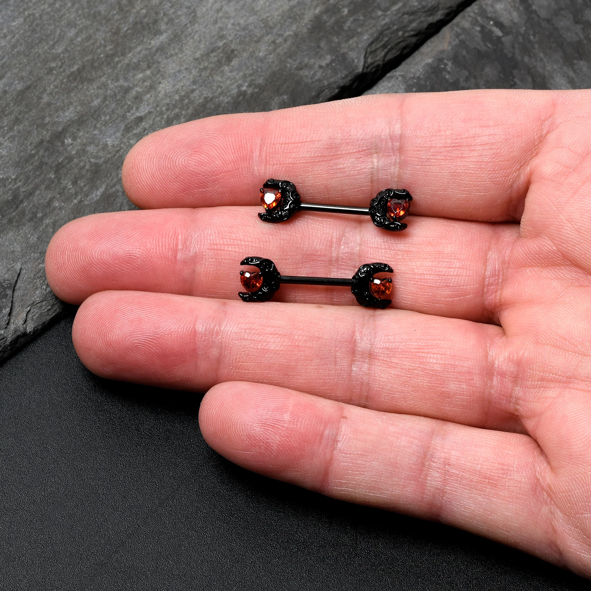 14G 9/16 Red CZ Gem Black Scroll Moon Heart Barbell Nipple Ring Set - Image 3
