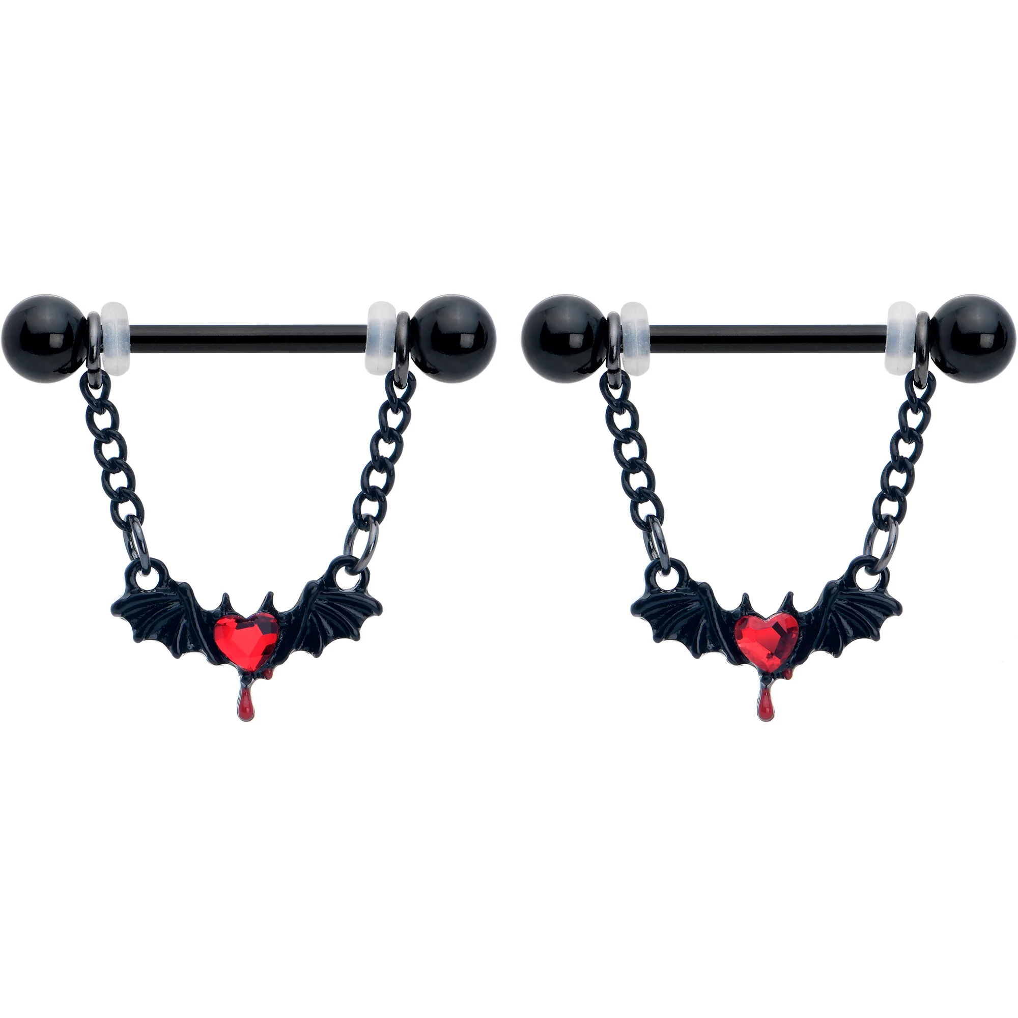 14G 9/16 Red Gem Black Bleeding Heart Bat Dangle Nipple Ring Set - Image 2