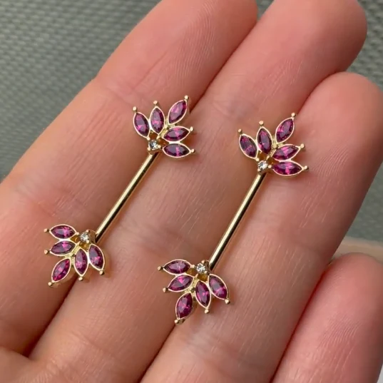 14G 9/16 Red Gem Gold Tone Autumn Leaves Nipple Ring Set - Image 2