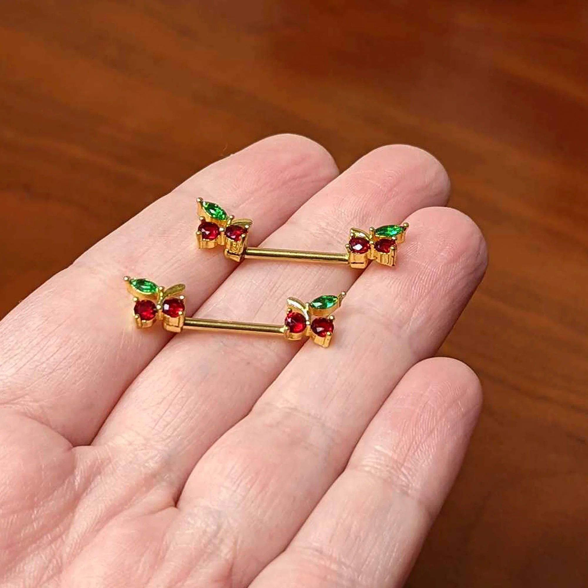 14G 9/16 Red Gem Gold Tone Tasty Cherry Barbell Nipple Ring Set - Image 4