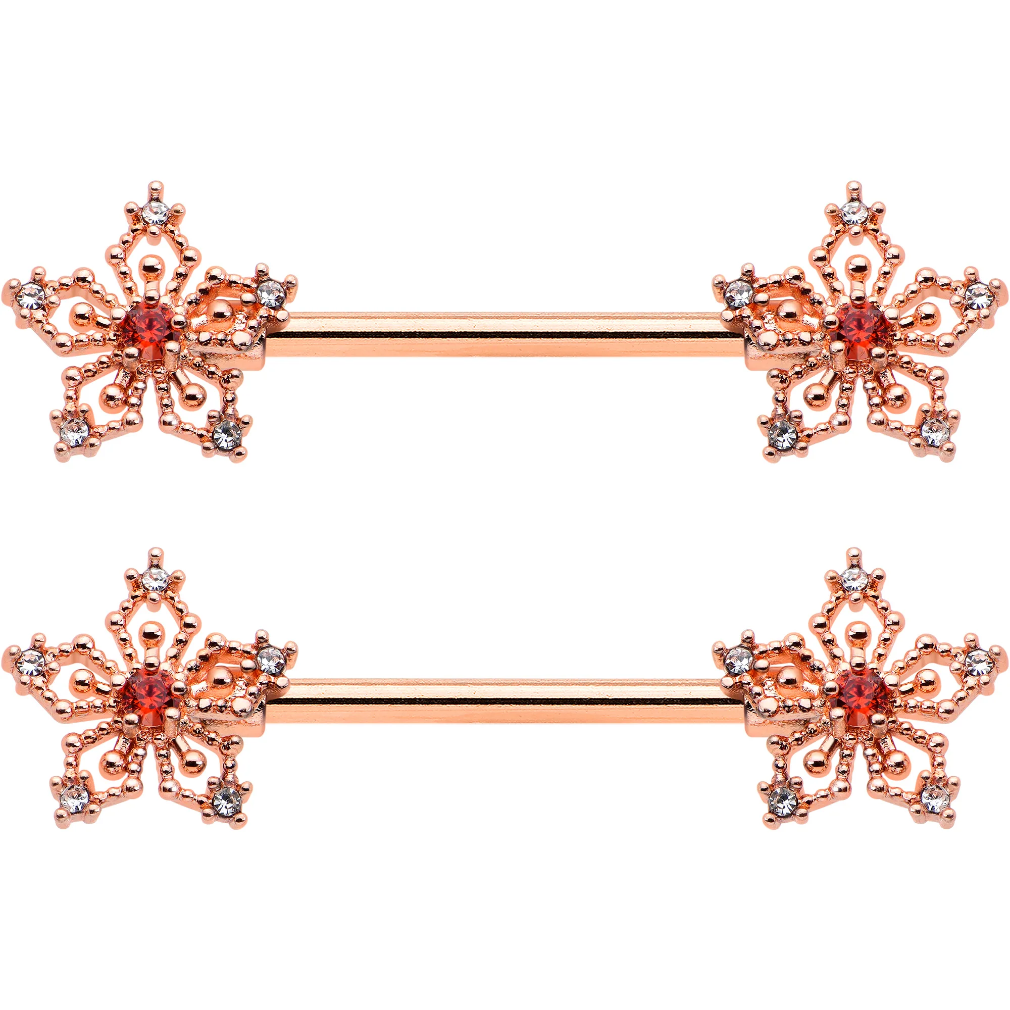 14G 9/16 Red Gem Rosy Hue Texture Snowflake Barbell Nipple Ring Set - Image 2