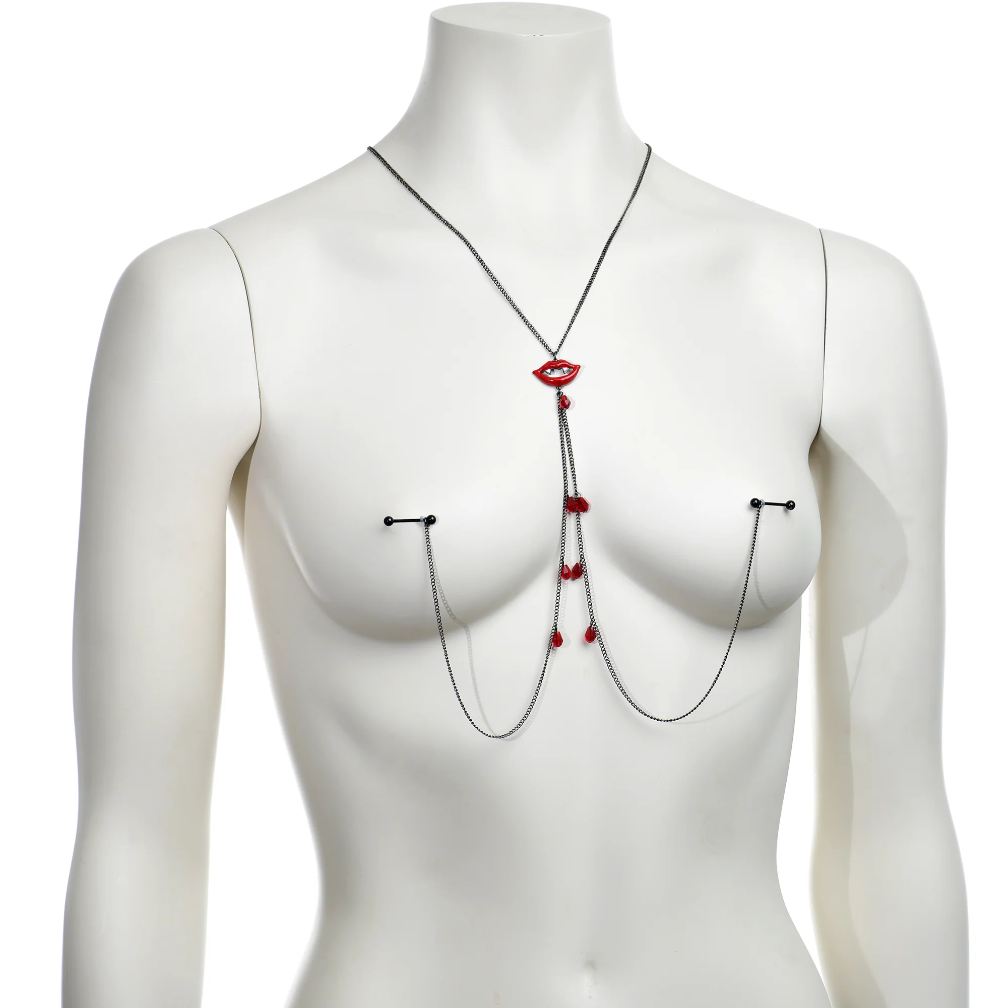 14G 9/16 Red Gem Vampire Lips Halloween Nipple Chain Necklace - Image 3