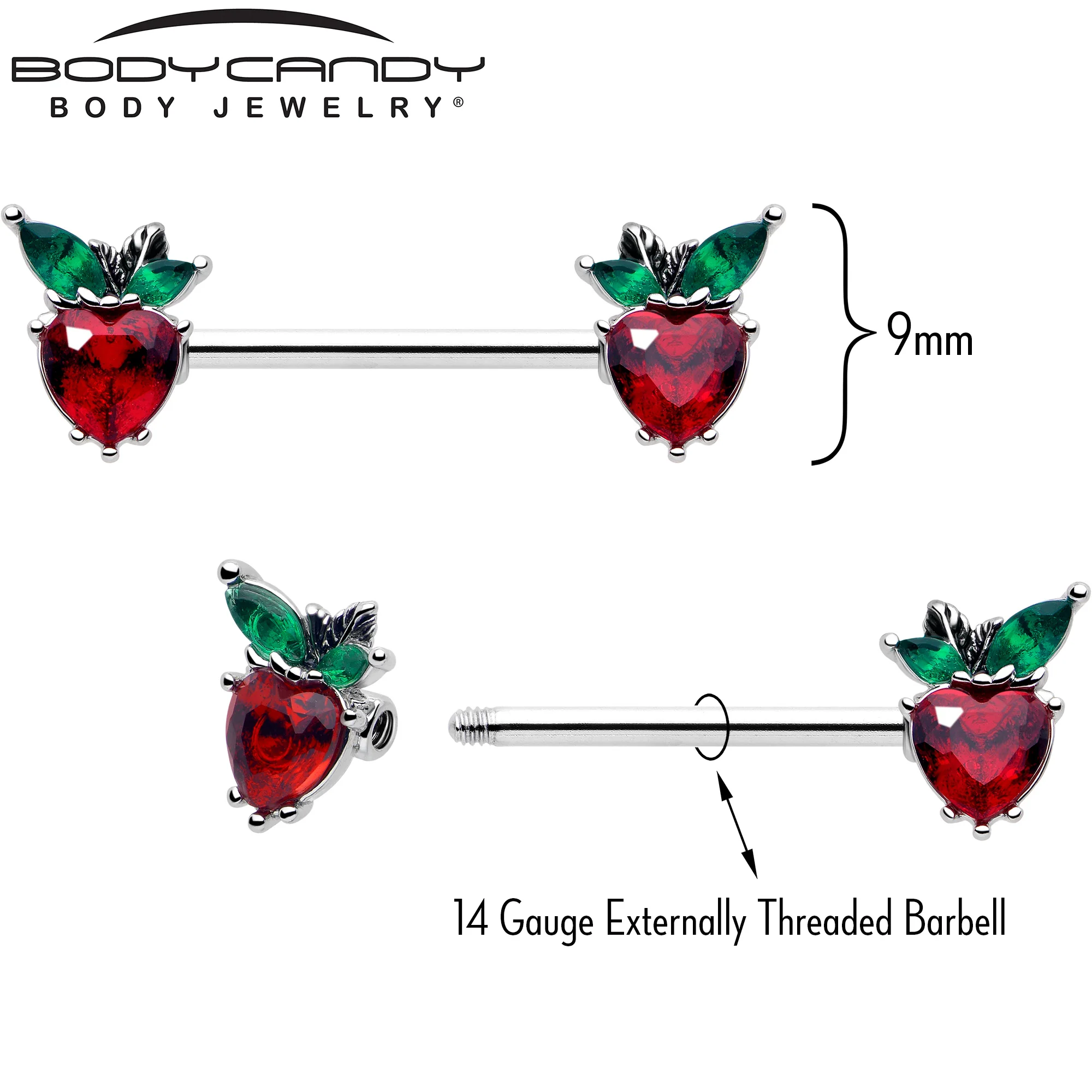 14G 9/16 Red Green Gem Strawberry Heart Barbell Nipple Ring Set - Image 3