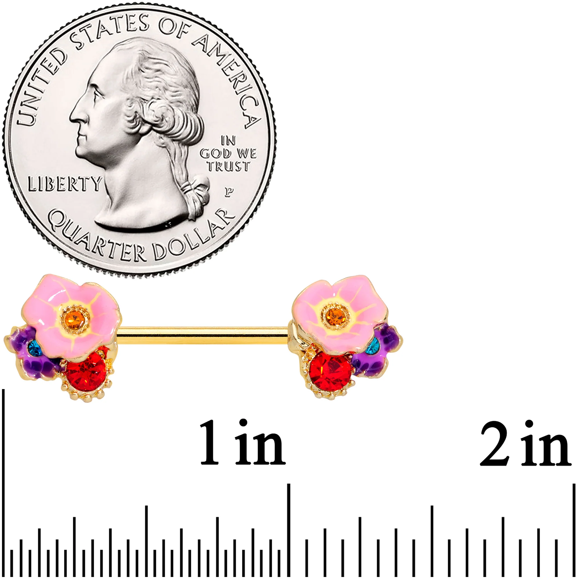 14G 9/16 Red Pink Gem Gold Tone Multi Flower Nipple Ring Set - Image 2