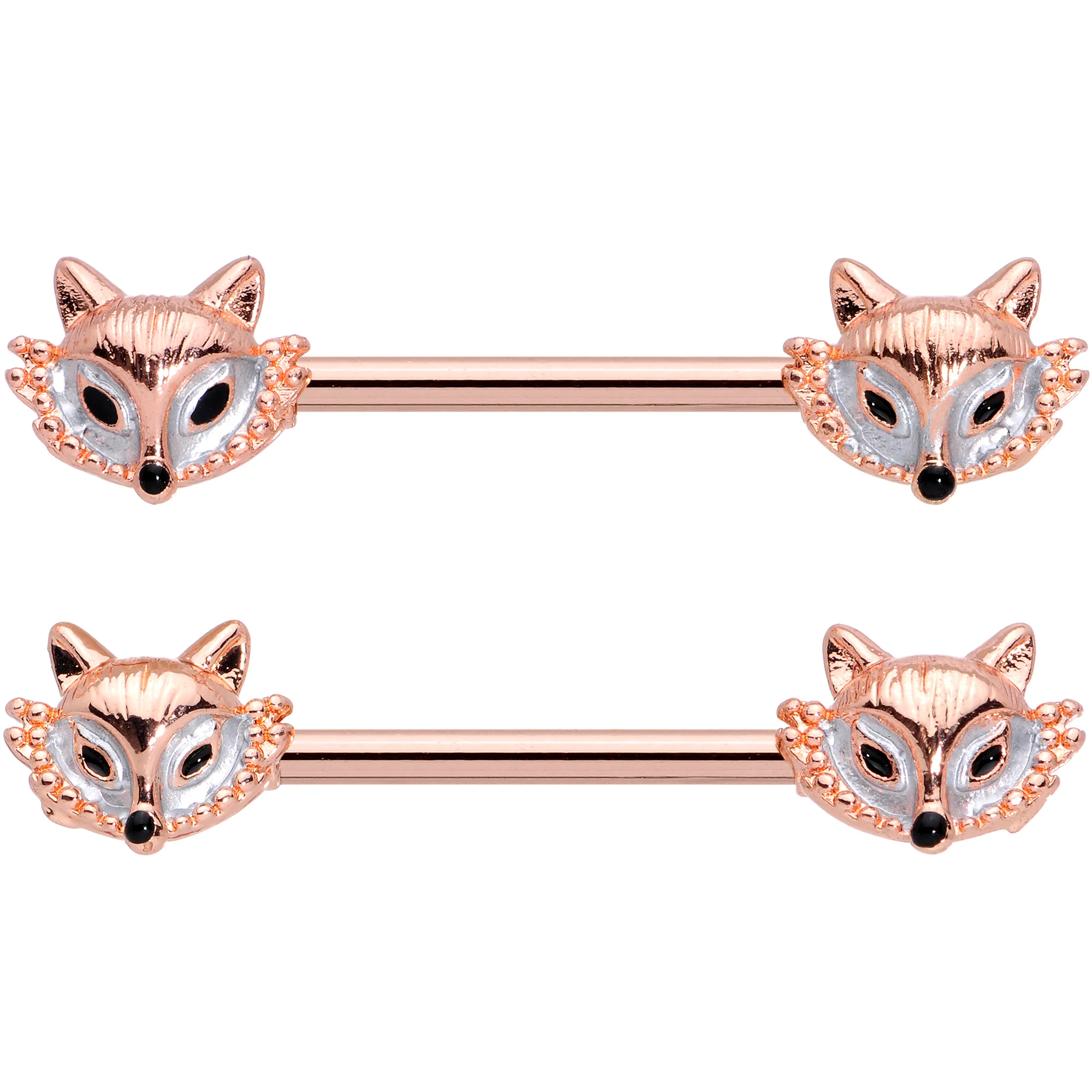 14G 9/16 Rose Gold Tone Fashion Fox Barbell Nipple Ring Set - Image 2
