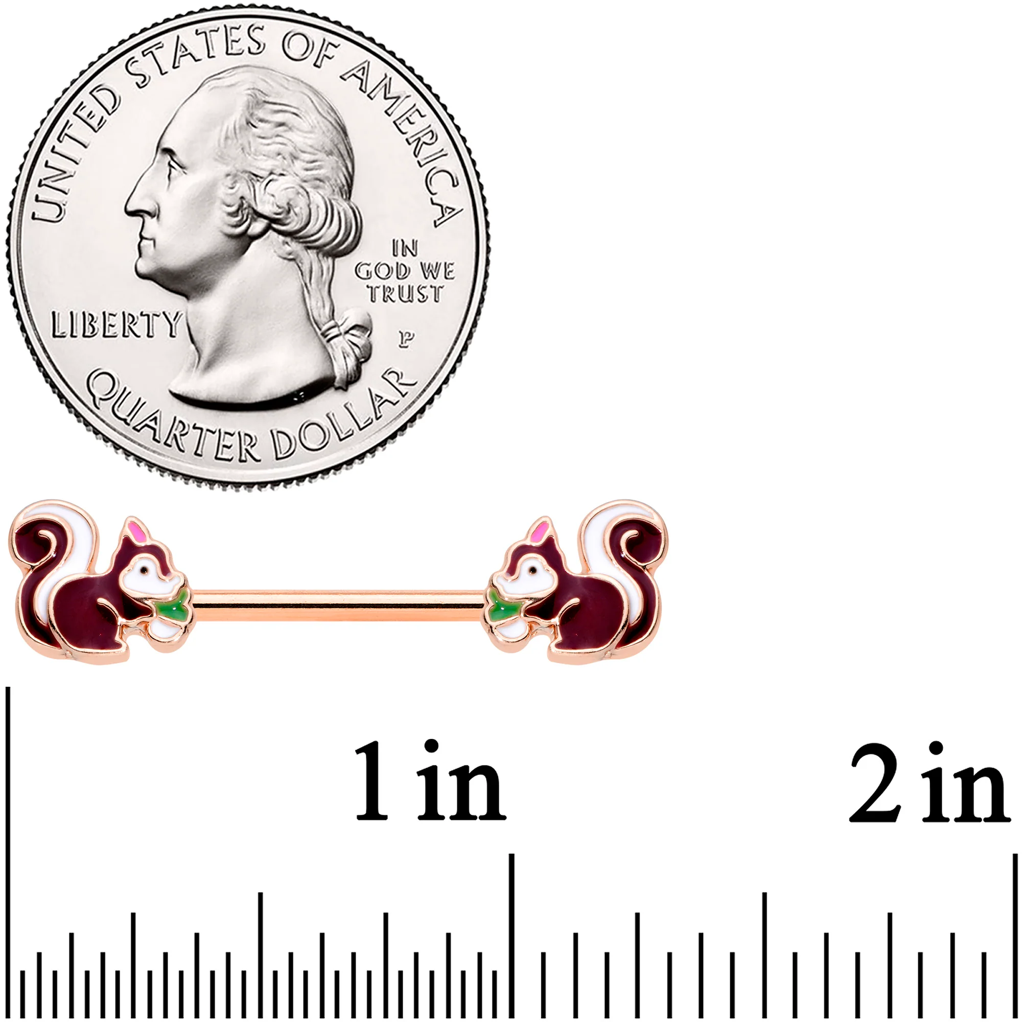 14G 9/16 Rose Gold Tone Snacking Squirrel Barbell Nipple Ring Set - Image 2