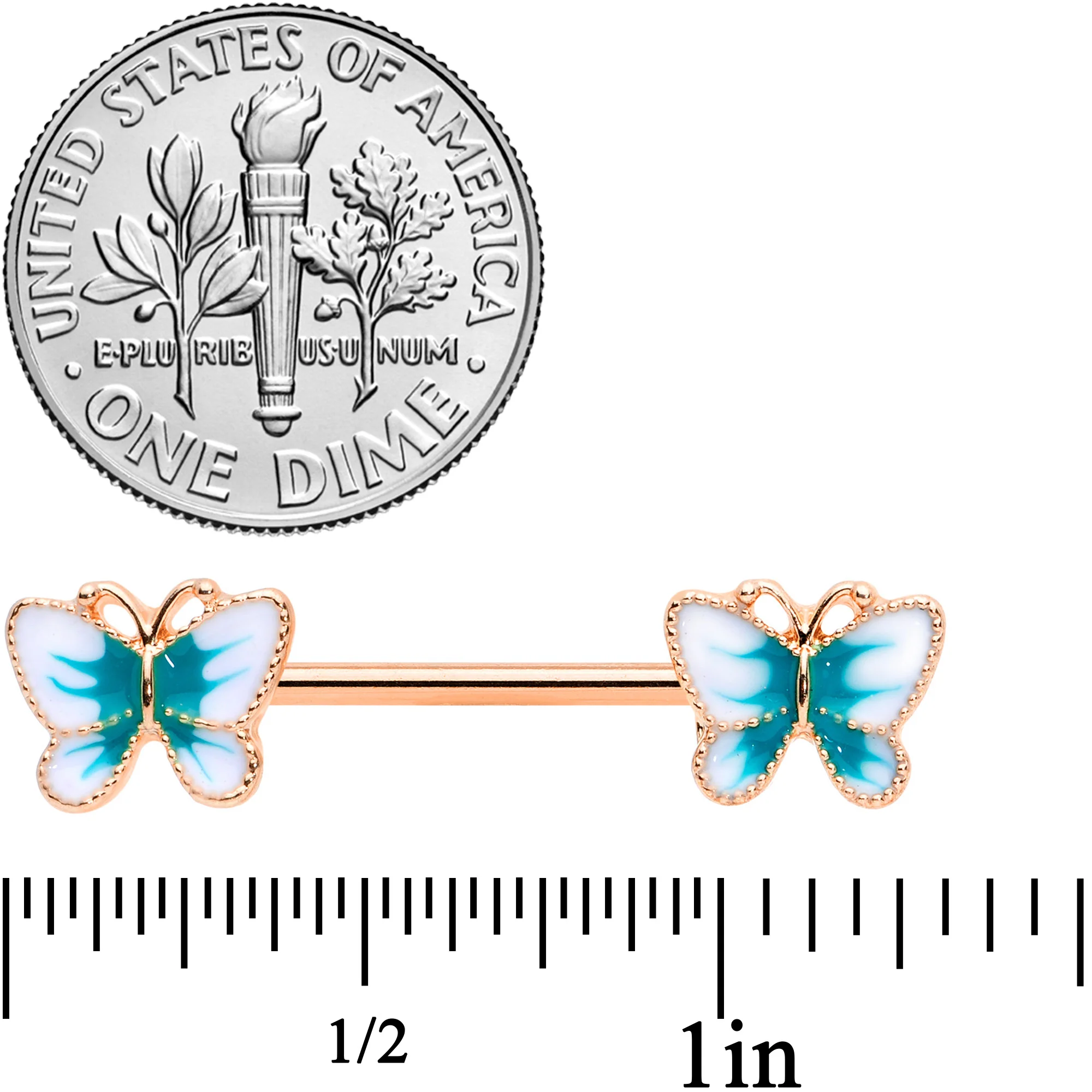 14G 9/16 Rose Gold Tone White Green Butterfly Barbell Nipple Set - Image 2
