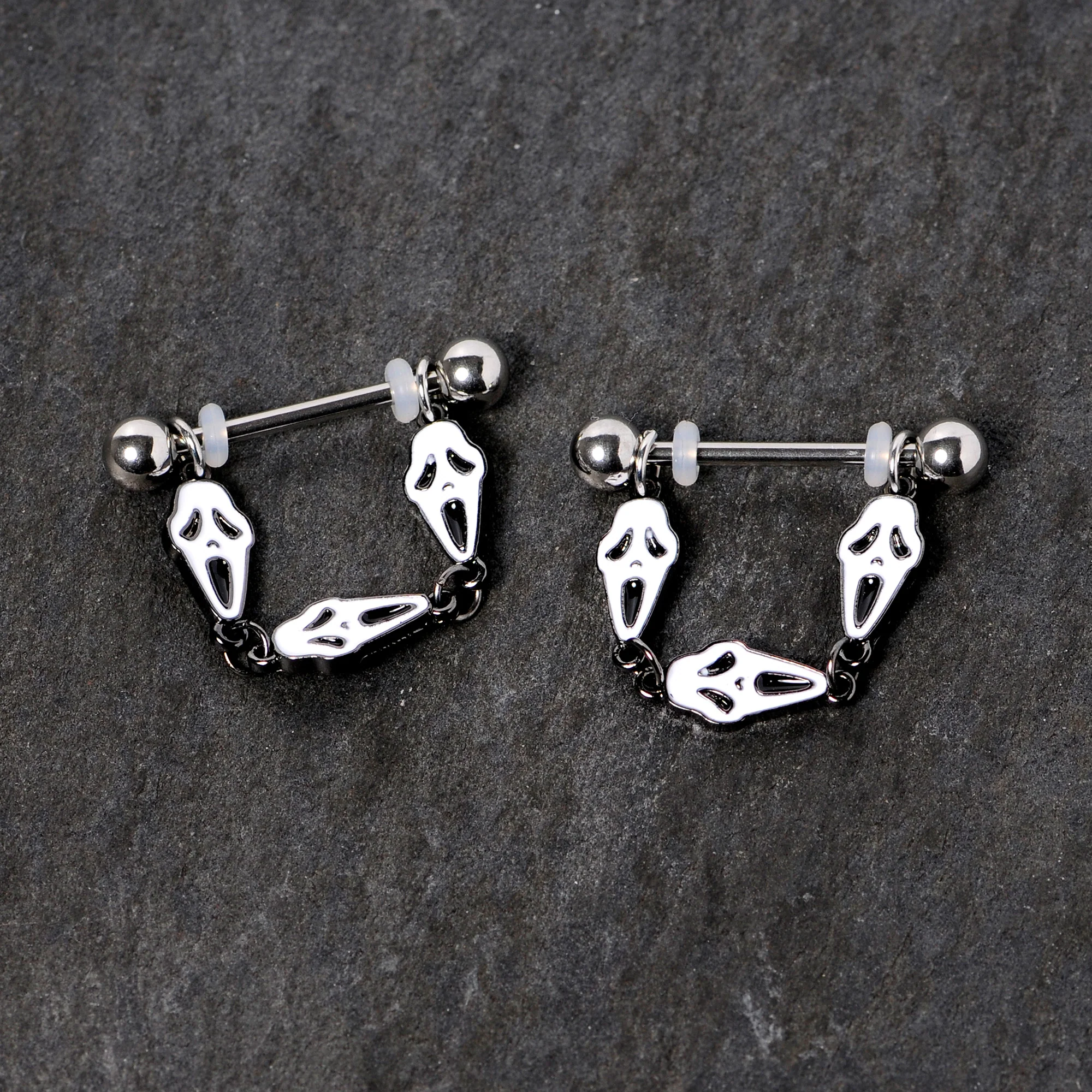14G 9/16 Scary Screaming Ghost Halloween Dangle Nipple Ring Set - Image 2