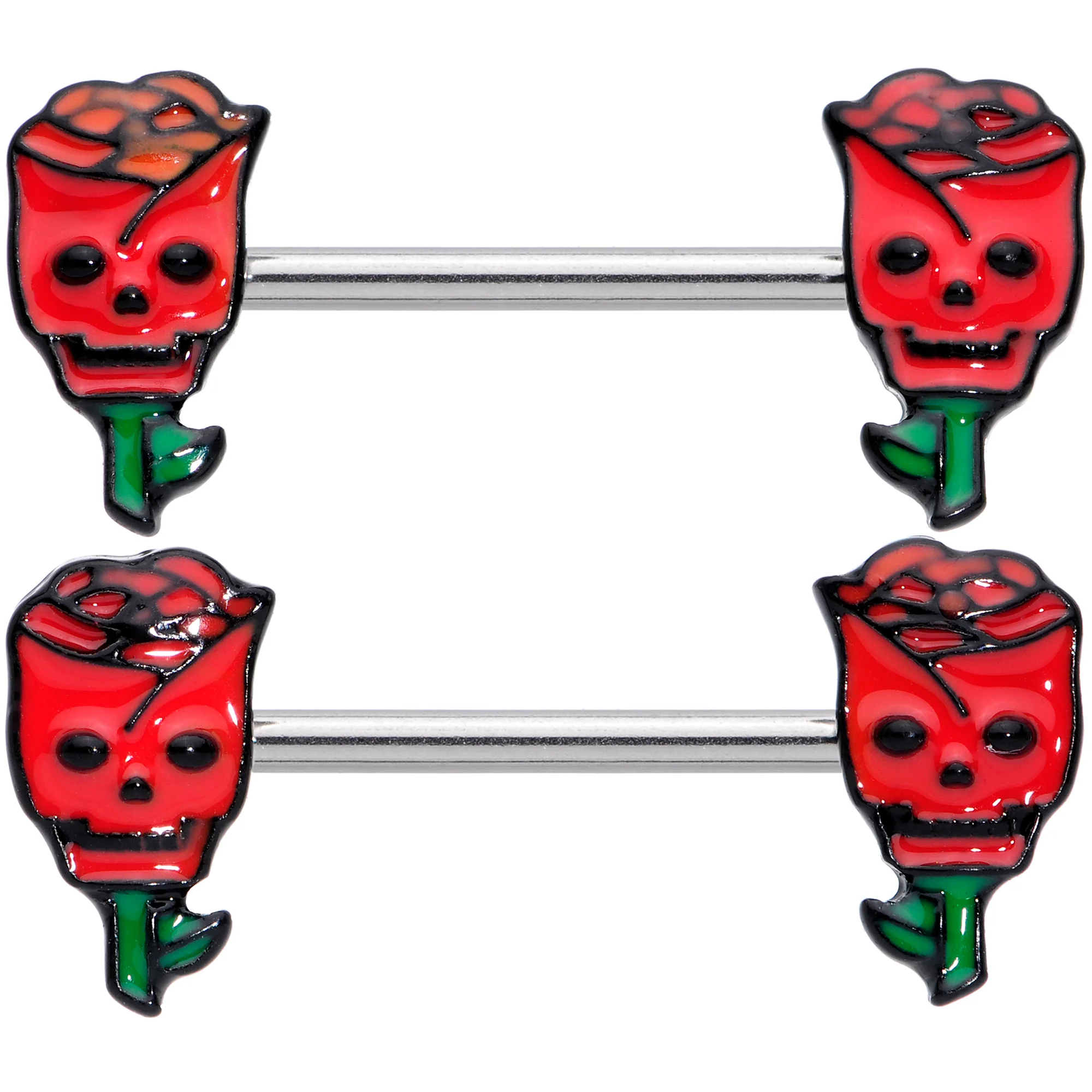 14G 9/16 Skull Red Roses Valentine Barbell Nipple Ring Set - Image 2