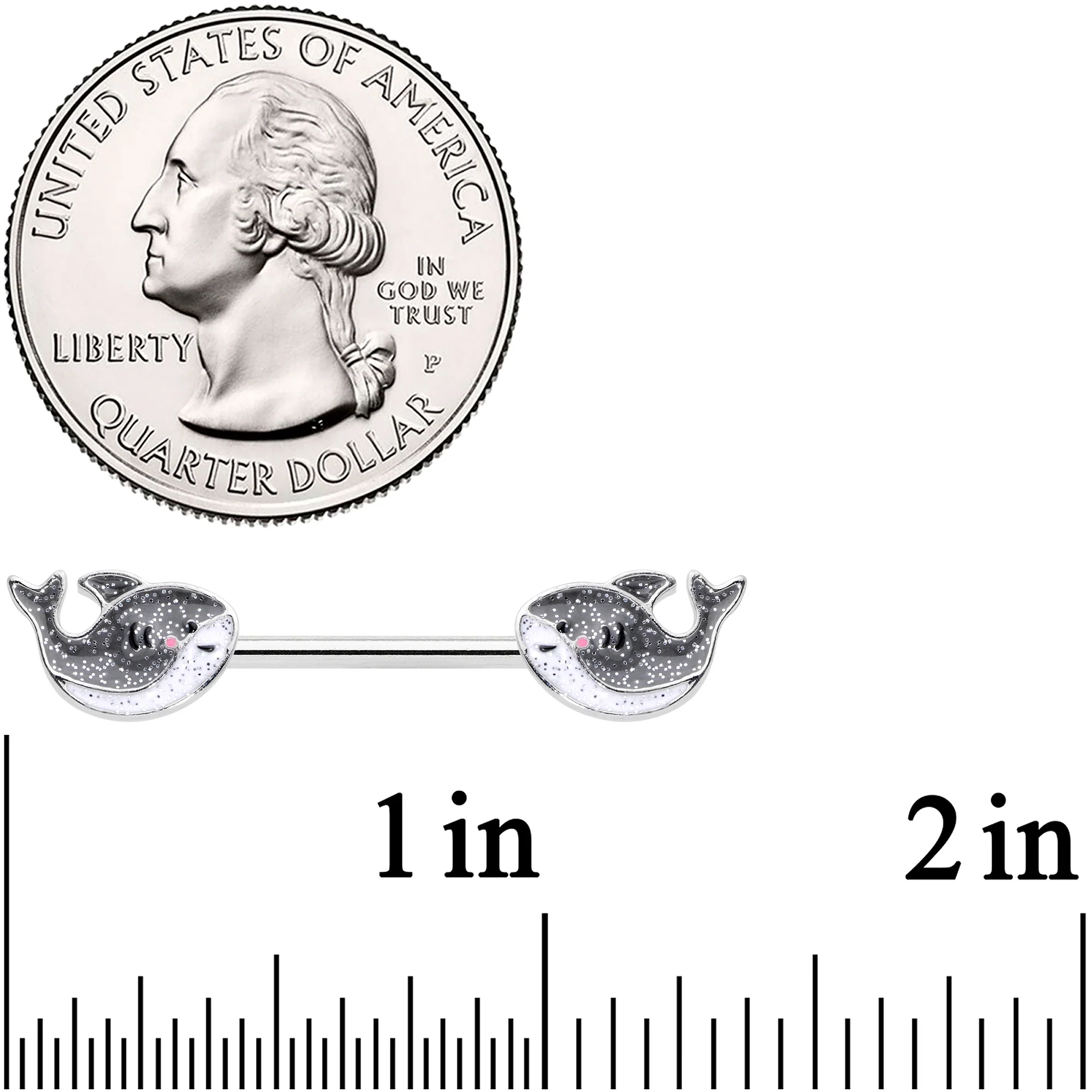 14G 9/16 Sweet Smiling Whale Barbell Nipple Ring Set - Image 2