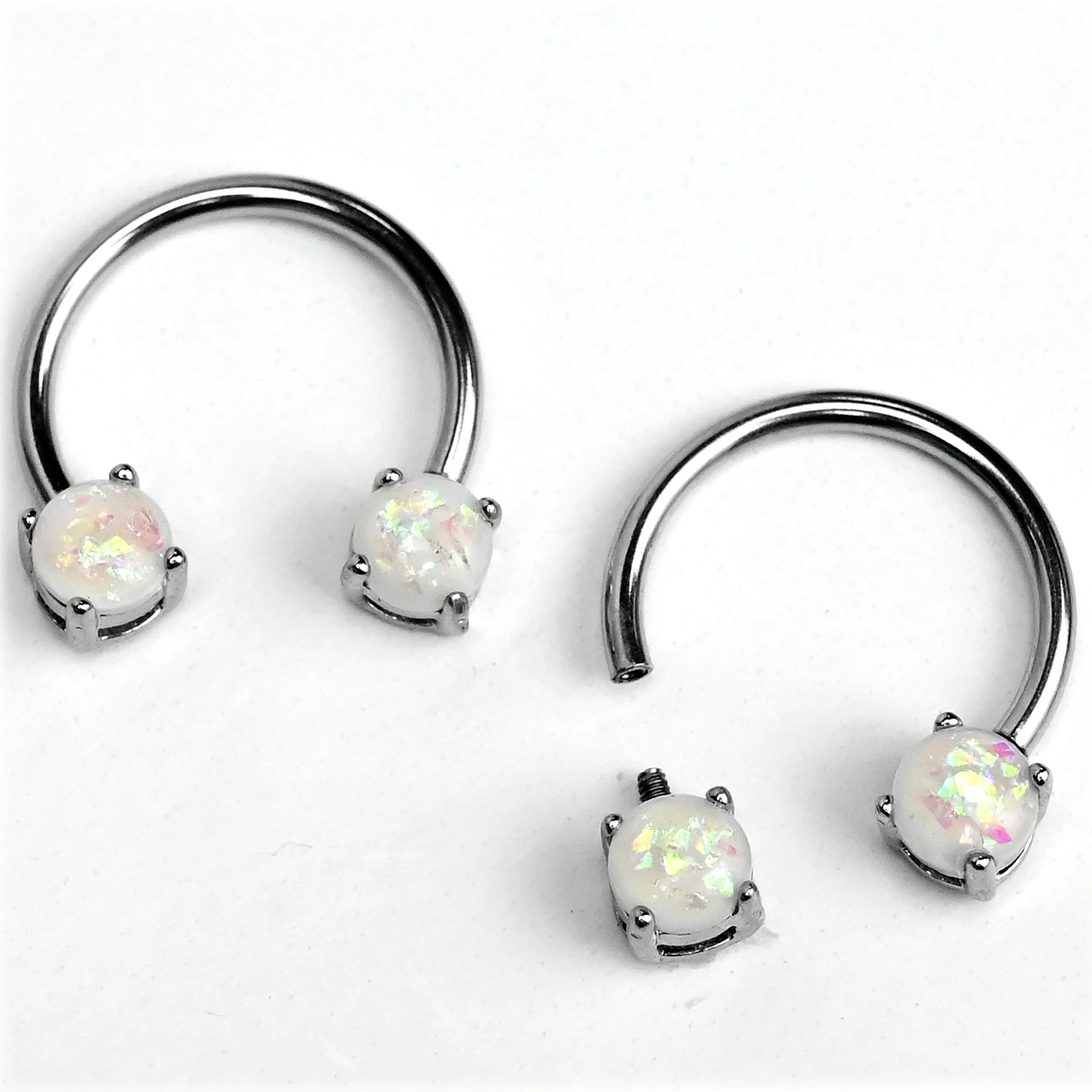 14G 9/16 White Faux Opal Internally Threaded Horseshoe Nipple Ring Set