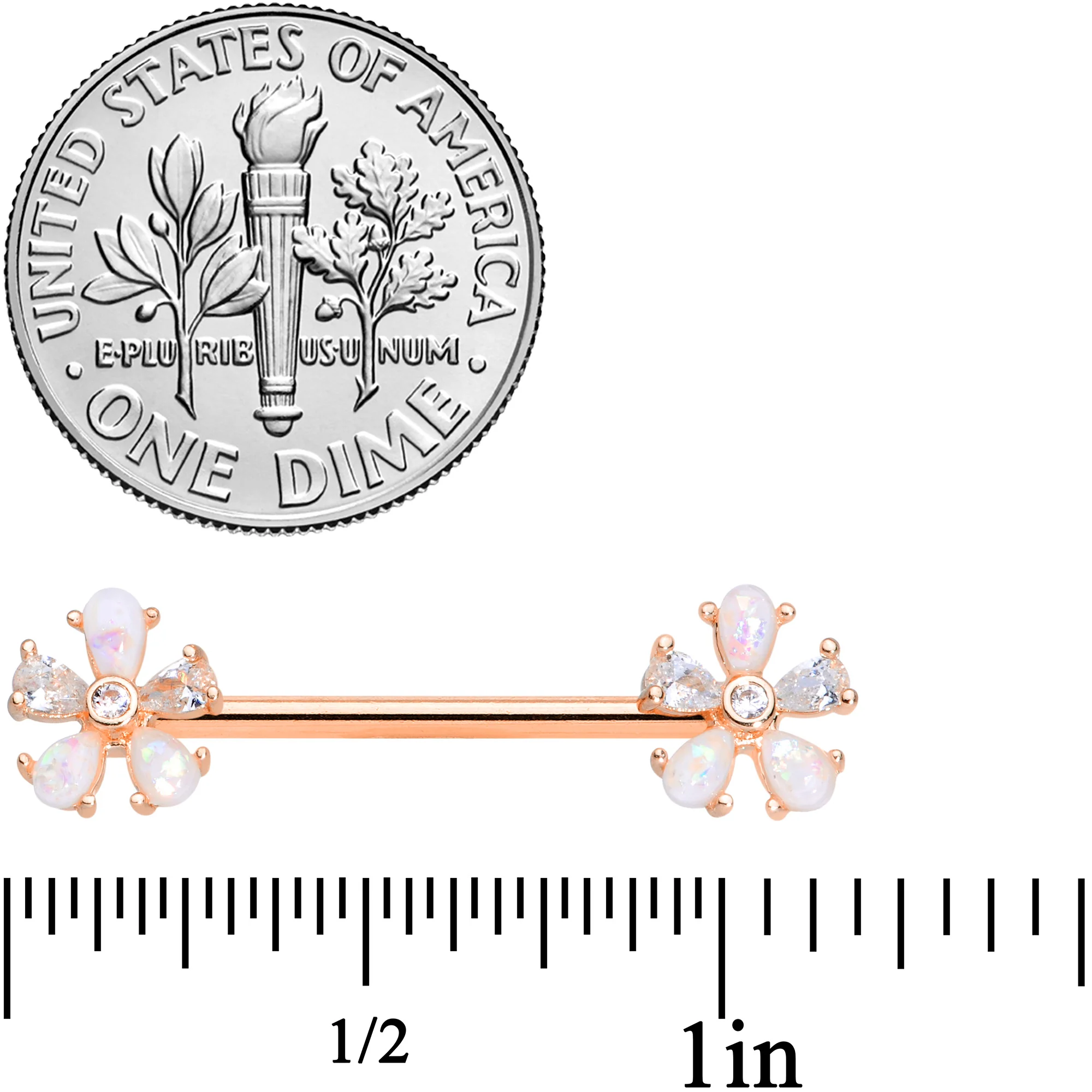 14G 9/16 White Faux Opal Rose Gold Tone Flower Barbell Nipple Set - Image 2