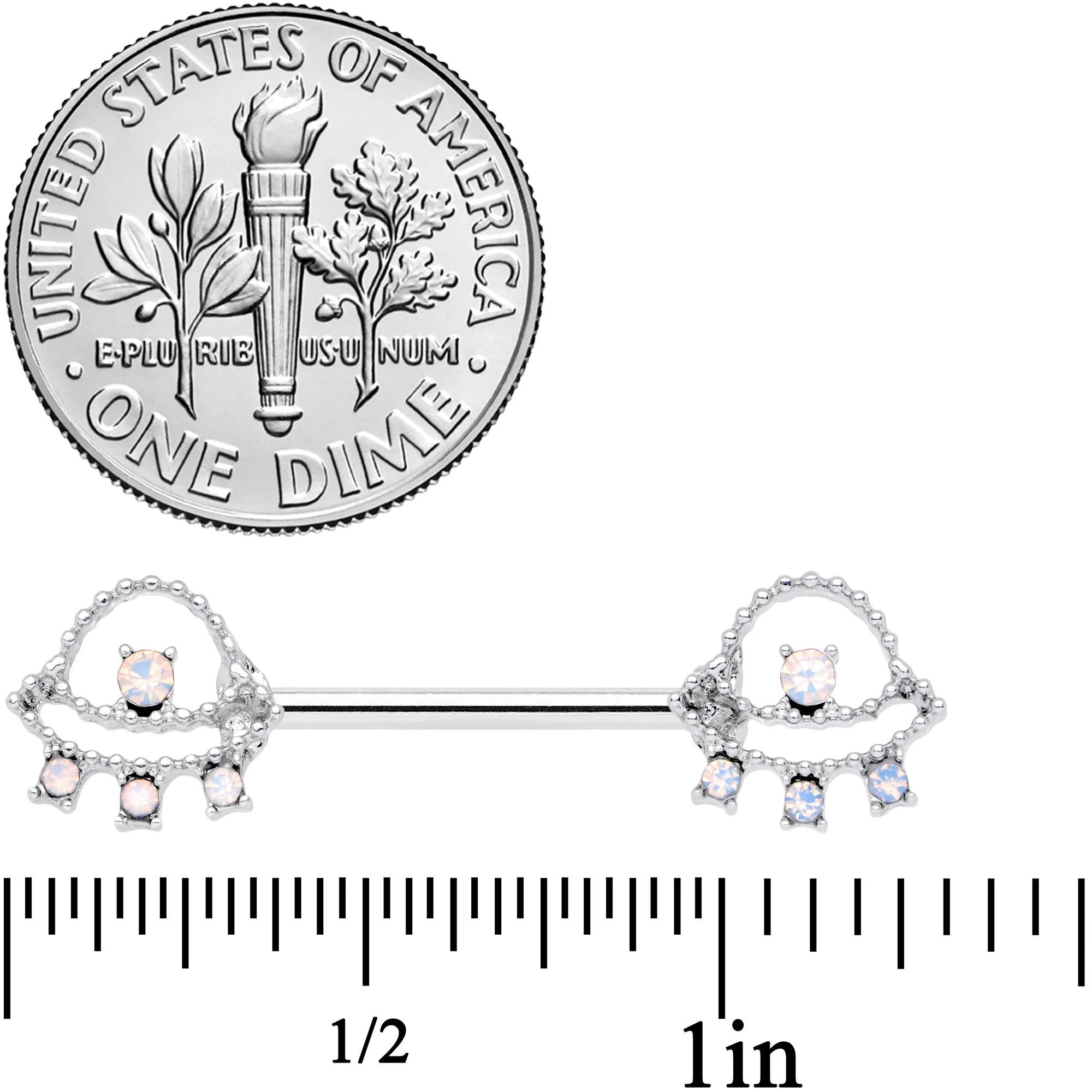 14G 9/16 White Faux Opal UFO Barbell Nipple Ring Set - Image 2