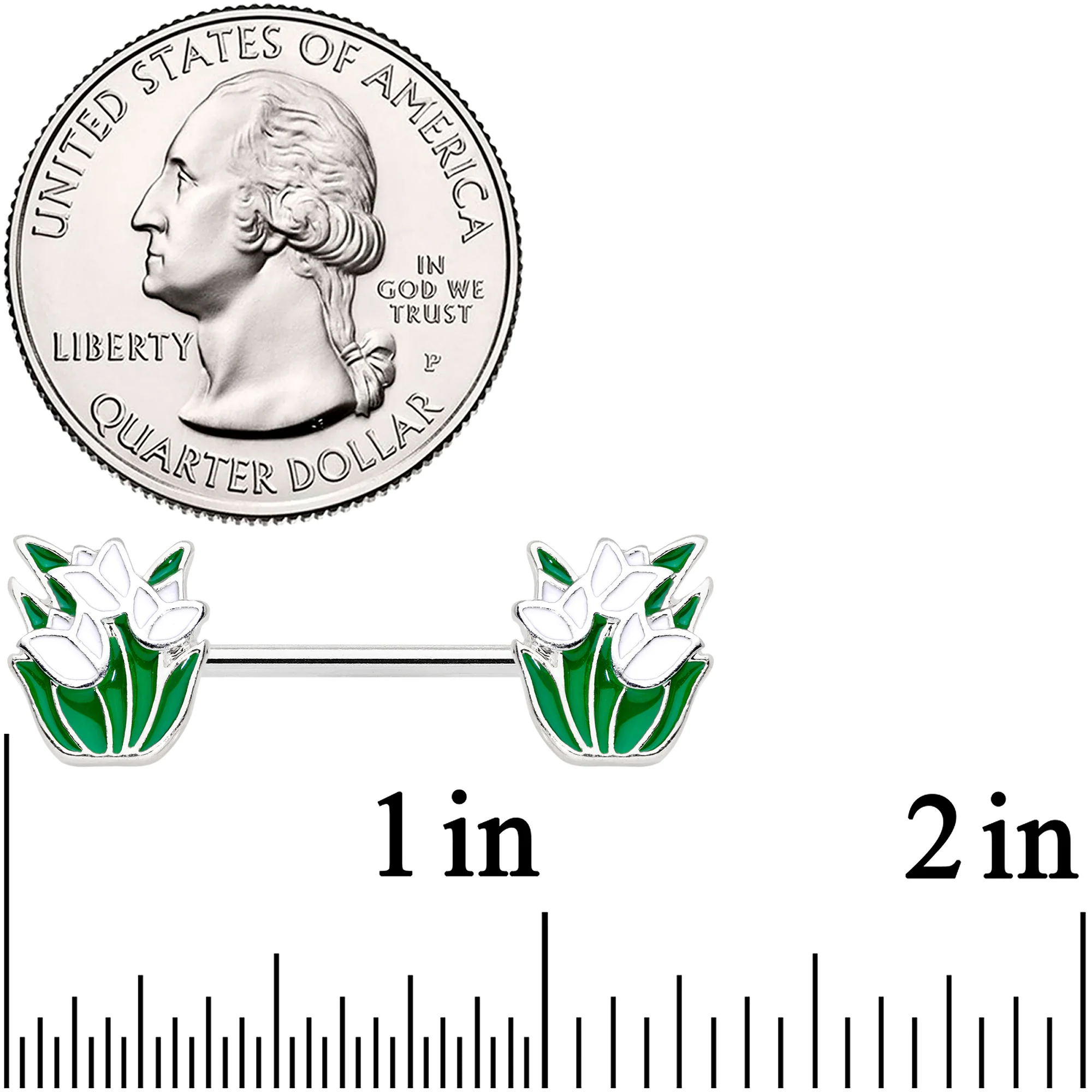14G 9/16 White Spring Tulip Flowers Barbell Nipple Ring Set - Image 2