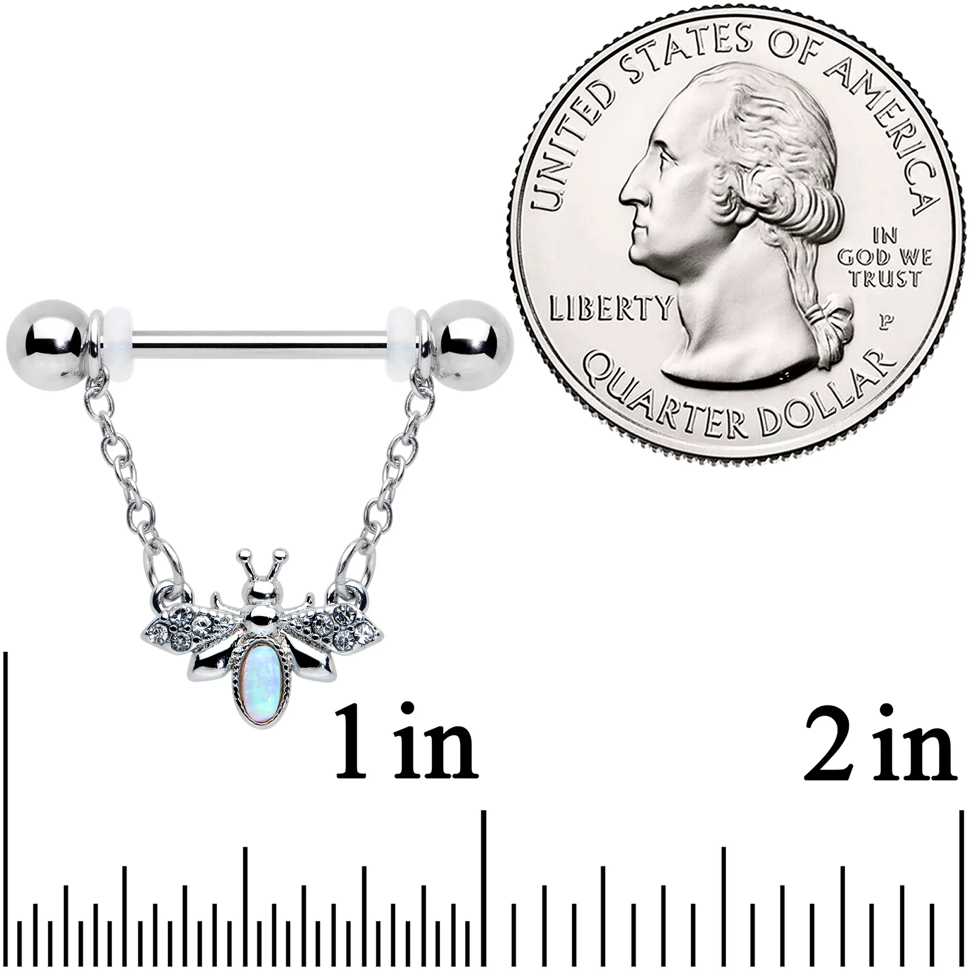 14G 9/16 White Synthetic Opal Chain Dangle Nipple Ring Set - Image 3