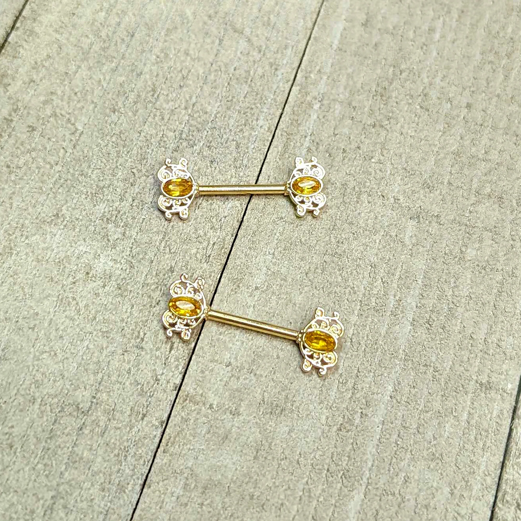14G 9/16 Yellow Gem Gold Hue Duet Scroll Barbell Nipple Ring Set - Image 7