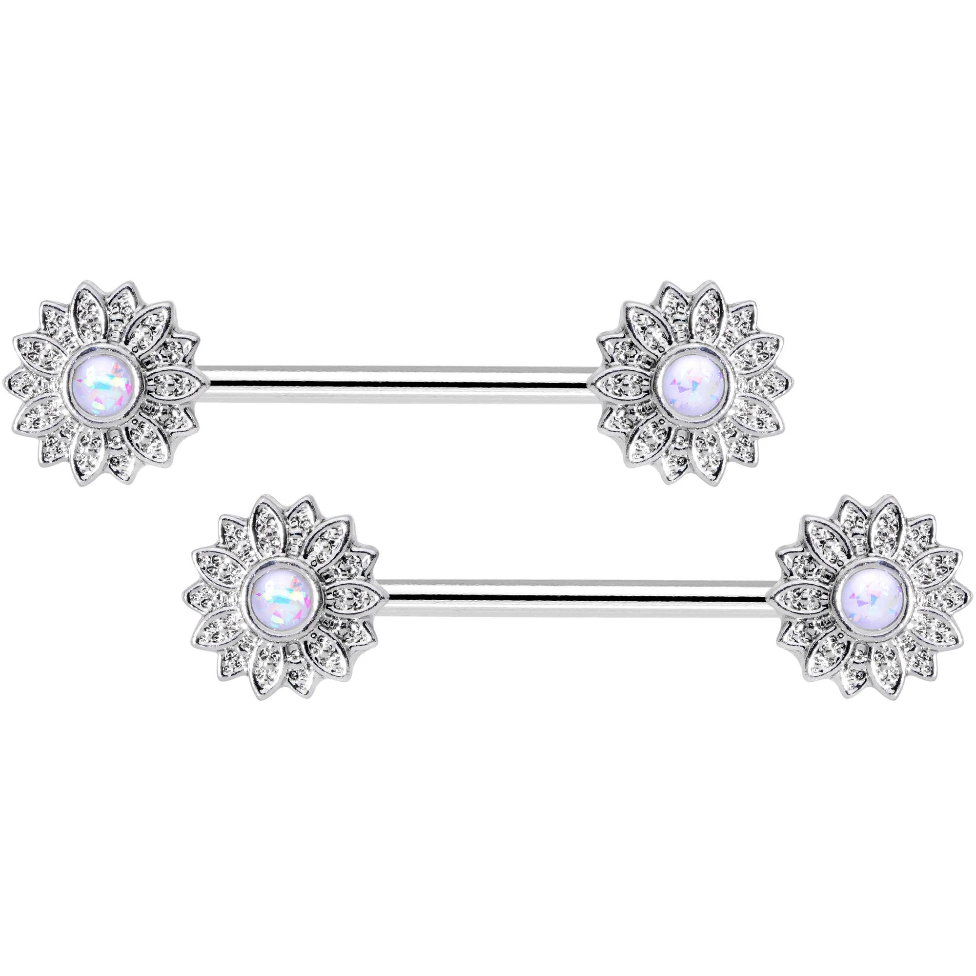 14G 9/16 1/2 White Faux Opal Horseshoe Barbell Nipple Ring Set - Image 2